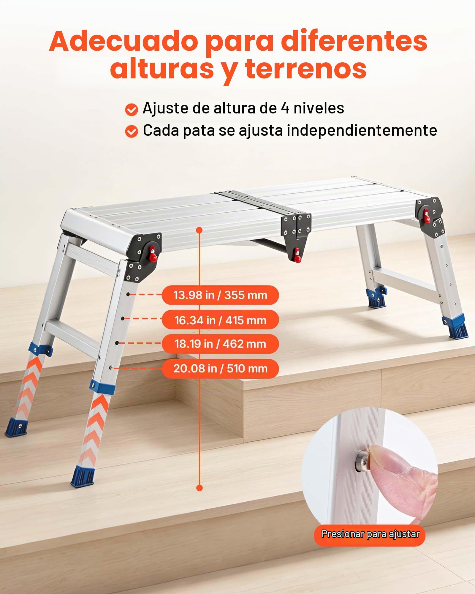 VEVOR Plataforma Plegable de Trabajo Capacidad de 226,8 kg, Altura Ajustable de 360 ​​a 508 mm, Escalera-Taburete de Aluminio Plegable, Portátil, Antideslizante para Pintura, Mantenimiento y Hogar