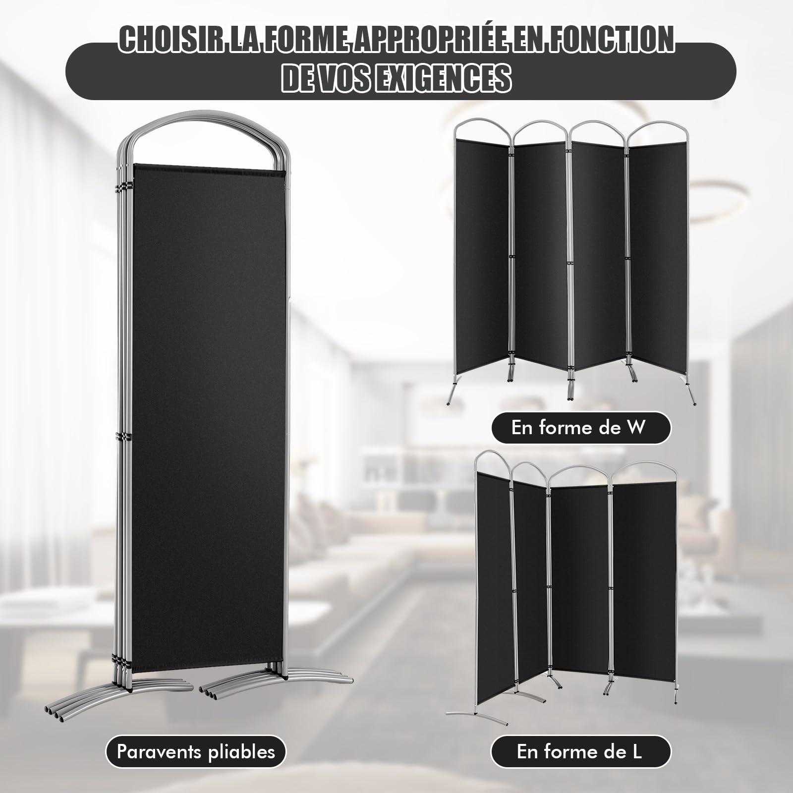 COSTWAY Grand Paravent Pliant à 4 Panneaux, Séparateur de Pièce Pliable, Séparateur d’Ecran en Tissu Autoportant, Cloison de Pièce Extra Large, pour Salon/Chambre/Bureau (4 Panneaux, Noir)