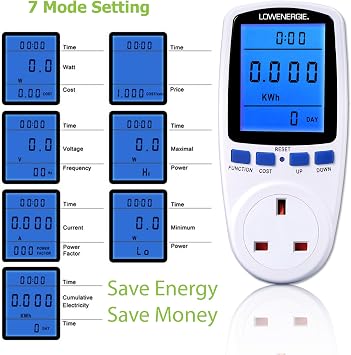 Energy Monitor Plug-In – Electricity Usage & Cost Meter, Backlit LCD Display, Watt Voltage Amp Measure for Home & Office, 240V 13A – LOWENERGIE (2 PACK)