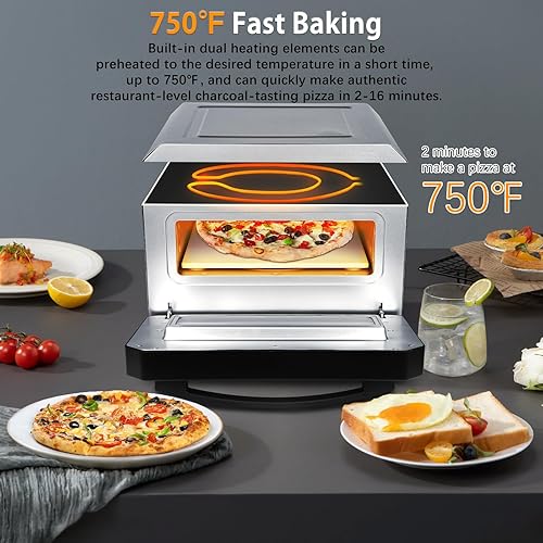 Miniatura 5 de Horno eléctrico para pizza para interiores, calienta hasta 800 F, pizzas de 12 pulgadas en minutos, horno de pizza de encimera con 6 ajustes