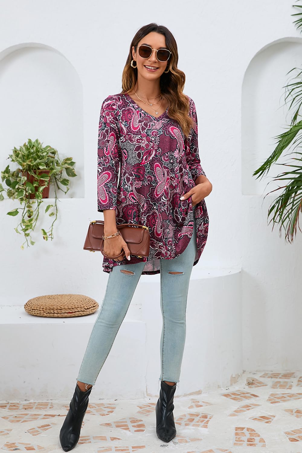 Enmain Maglietta Donna Manica Lunga Tunica Donna Maniche a 3/4 Scollo V Maglia Lunga per Leggings Elegante Stampata Paisley Tunica Taglie Forti Comfort Camicia
