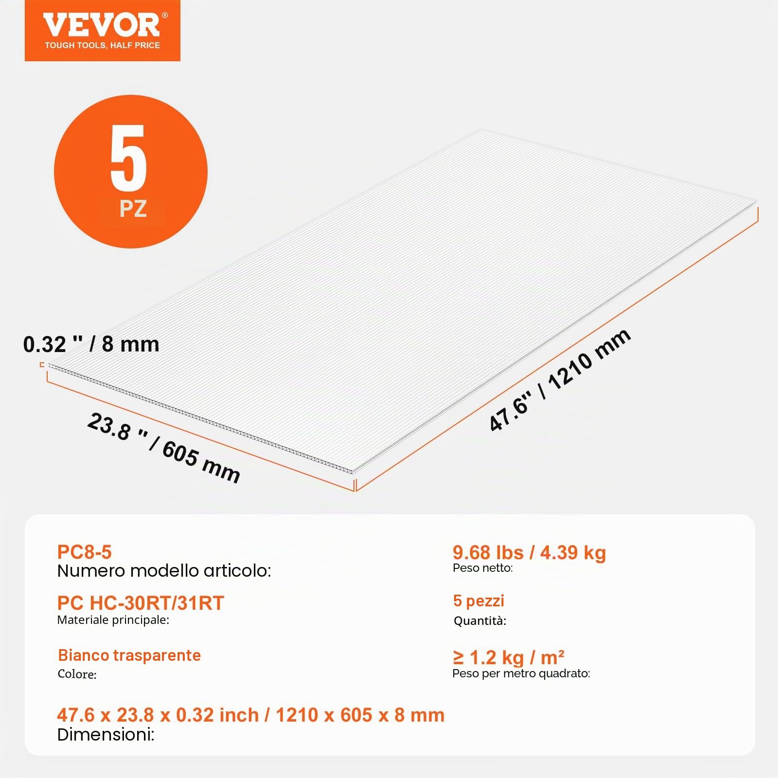 VEVOR Pannelli per Serre in Policarbonato per Tetti 5 Pezzi, 1210 x 605 x 8 mm, Coperture in Plastica Ondulata Impermeabile e Protetta dai Raggi UV, Lastre Trasparenti per Coperture Urti per Serre