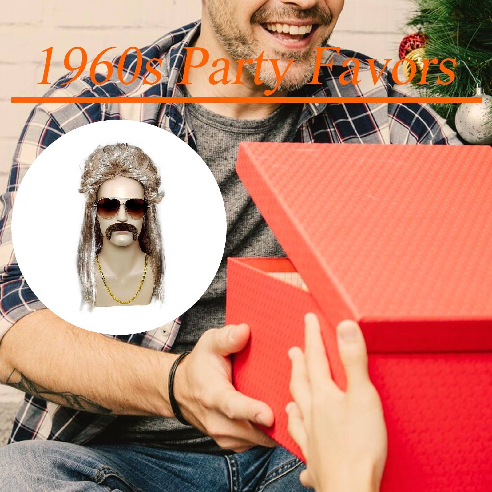 SHIQUAN Ensemble Costume Hippie - Perruque Afro, Lunettes, Collier Et Barbe - Déguisement Années 70 Homme Et Femme