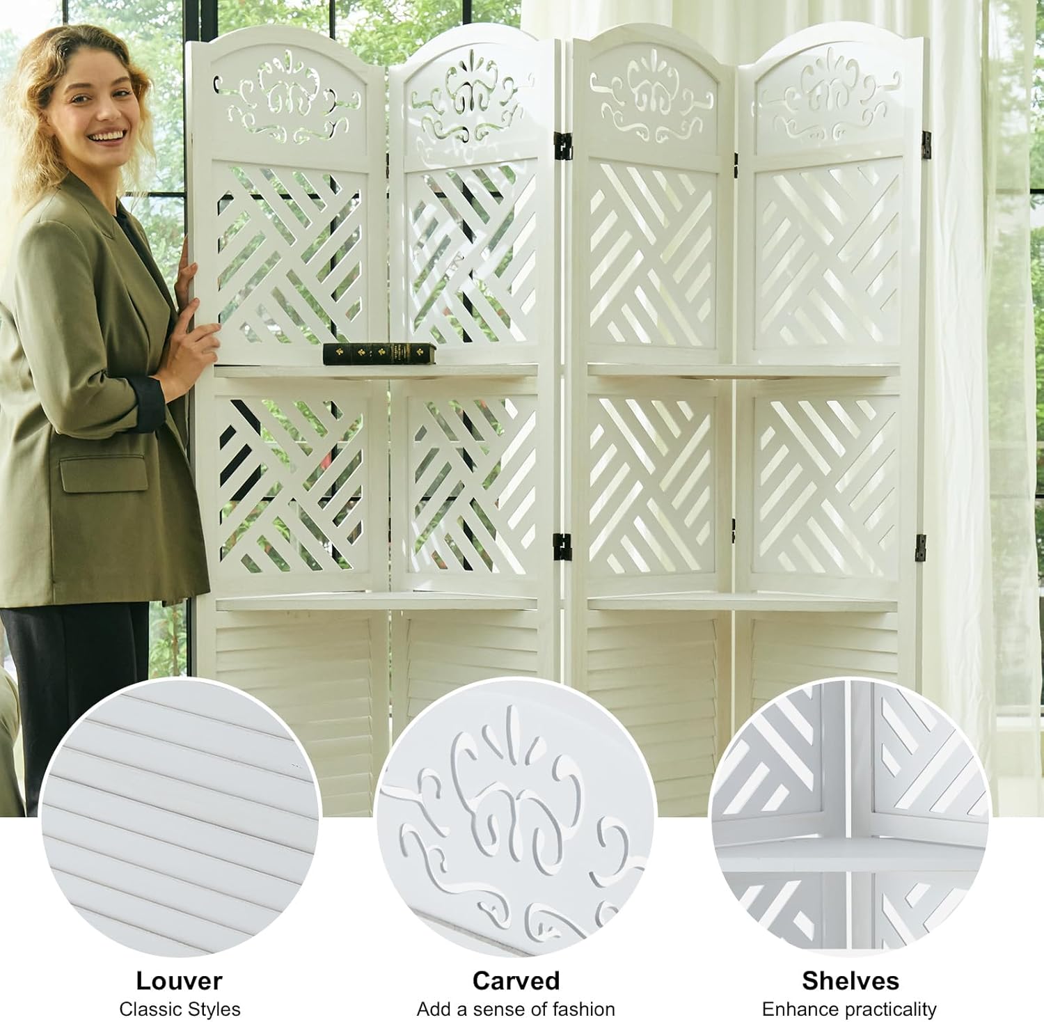 Close-up of the room divider showing the louvered, carved, and shelf designs.