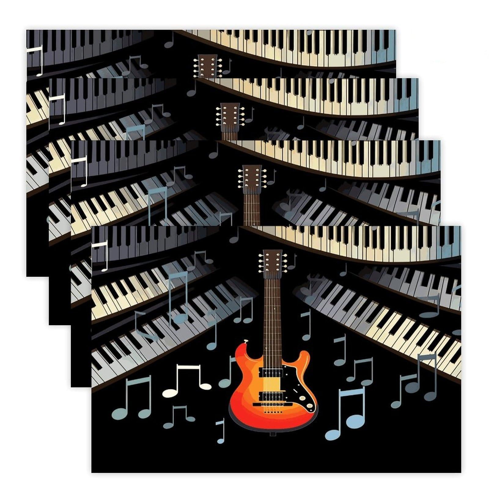 Guitar Piano Pattern Placemats Heat-Resistant Washable Place Mats Anti Slip Dining Table Place Mats Wipeable Dining Table Mats Kitchen Decoration Placemats 17.7’’×11.8’’