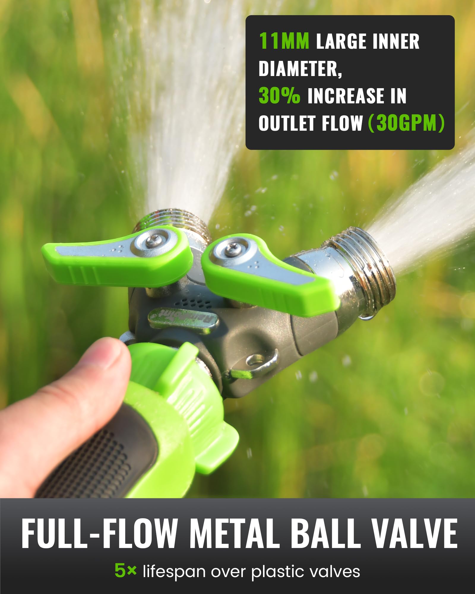 RAINPOINT Sdoppiatore per tubo da giardino, 2 vie, resistente, con valvole di intercettazione, corpo in metallo 100% esterno, manico in metallo extra lungo da 4,8 cm, filettatura GHT da 3/4" (verde, 2