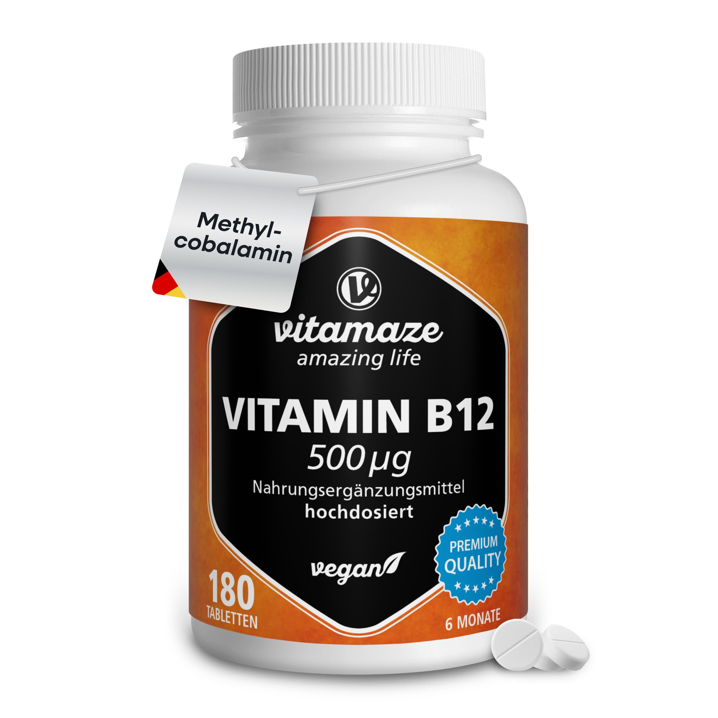 Vitamaze Vitamin B12 hochdosiert und vegan, Methylcobalamin, 500 mcg 180 Tabletten für 6 Monate Dauerversorgung, Natürliche Nahrungsergänzung ohne Zusatzstoffe