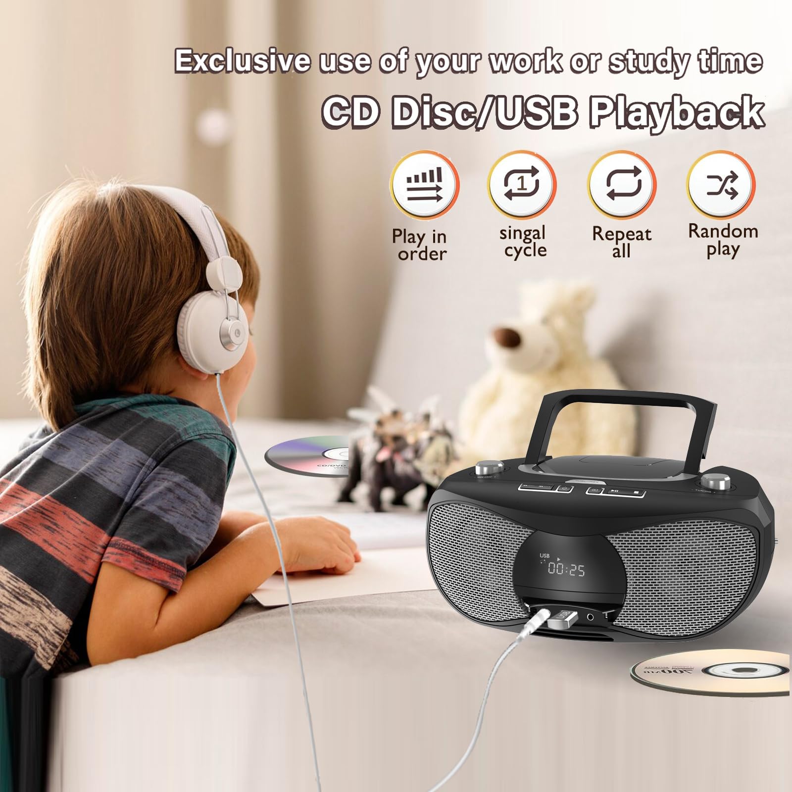 LONPOO Stereo Lettore CD portatile Bluetooth Boombox Connettività Radio FM, USB, AUX, Uscita cuffie, 5W RMS HiFi Altoparlanti (LP-D12)