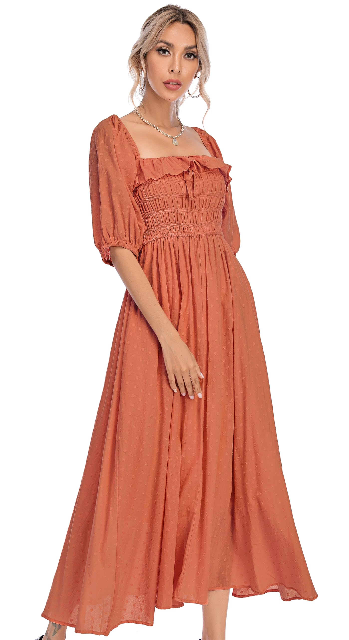 R.Vivimos Women Summer Cotton A Line Flowy Long Dresses | Half Sleeve, Ruffled, Vintage Elegant, Smocked Backless Dress, Maternity Shoot, Baby Shower, Casual Vacation Outfits