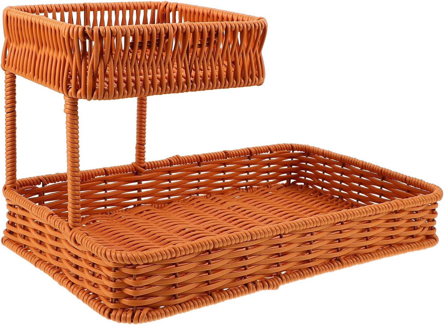 Woven Two-tier Snack and Fruit Basket Tray 33x21x20cm Imitation Rattan Tabletop Bread and Food Serving Basket for Home Kitchen and Living Room
