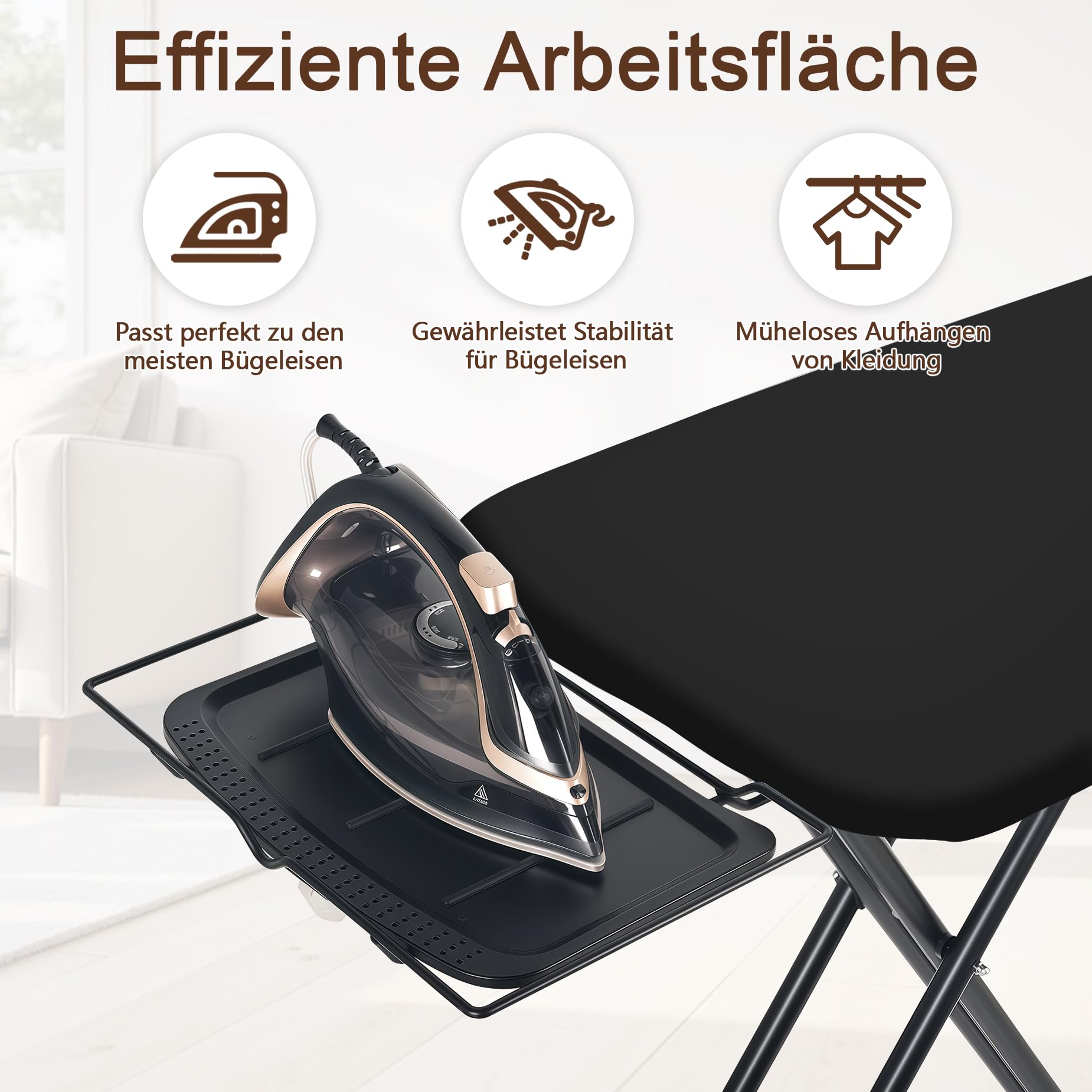 Bügelbrett 159 x 46 cm Volle Größe mit Bügeleisenablage, für Dampfbügeleisen geeignet, Stabile Gestell, Bequeme Lagerung, Ironing Board Schwarzes