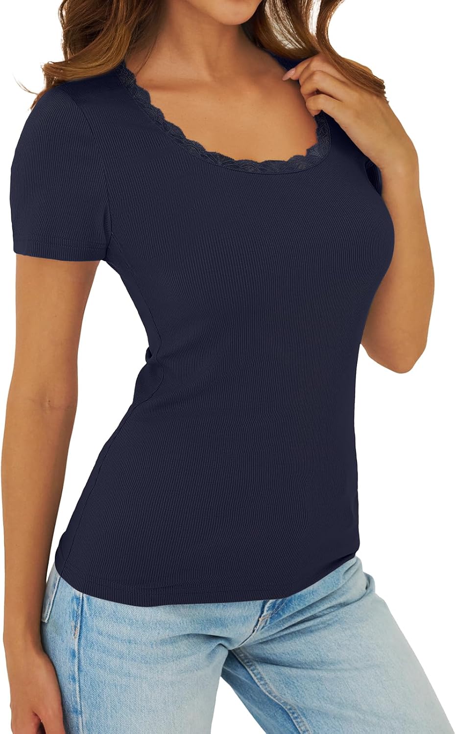 Women's Short Sleeve Tops Scoop Neck Lace Trim Ribbed Fitted Tight Shirts Casual Basic Tee Spring Clothes 2026 Trendy - Image 2