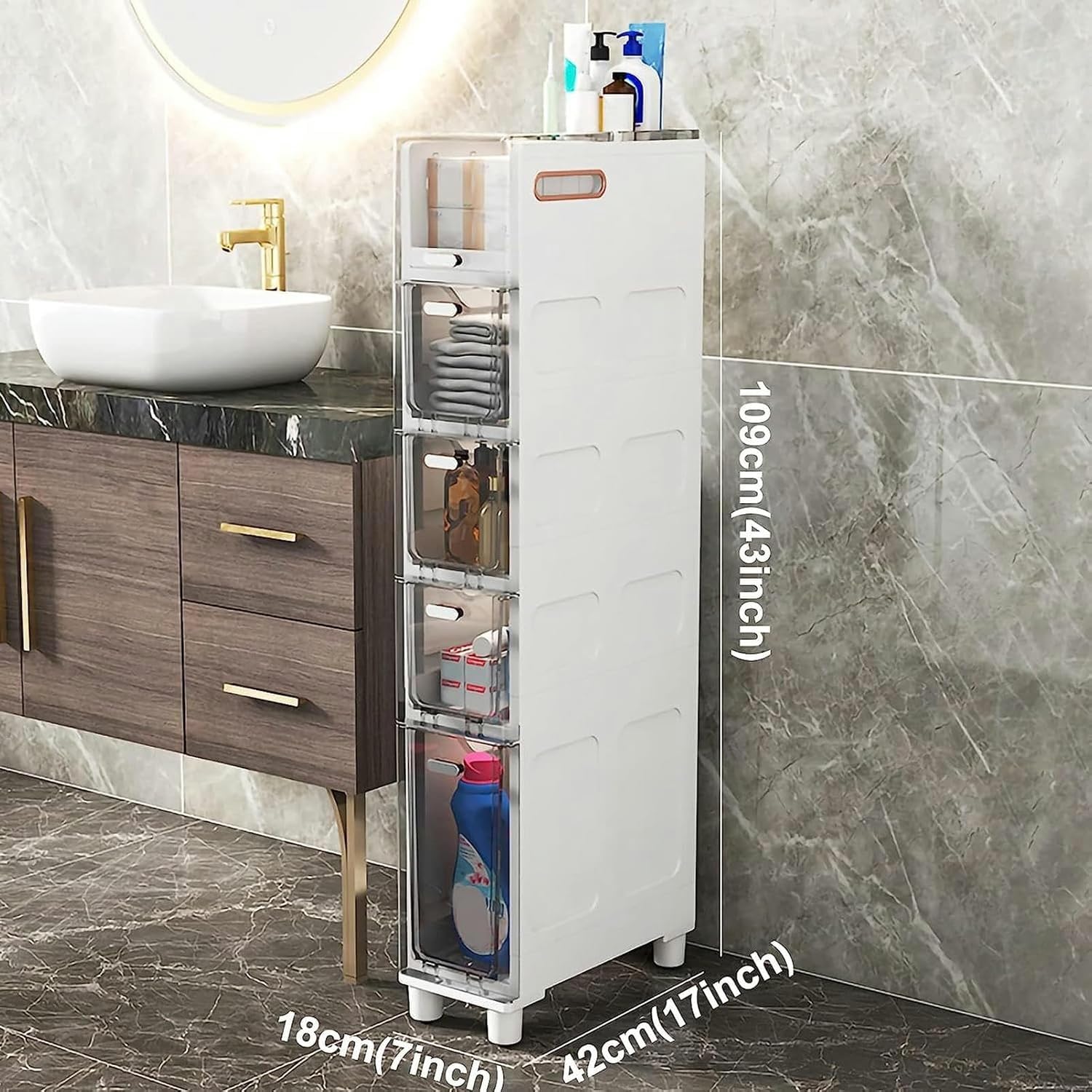Cassettiera sottile a 5 ripiani con cassetti trasparenti e rotelle, robusta cassettiera stretta per bagno, camera da letto, ingresso, design salvaspazio (grigio trasparente)