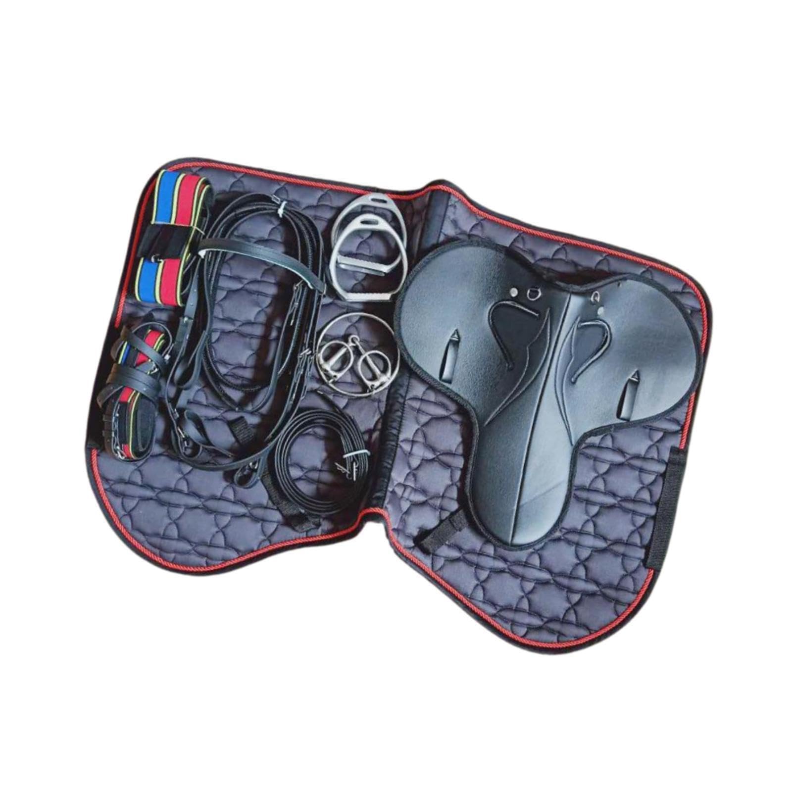 Silla de montar profesional para caballo, combinada con accesorios de colores brillantes que garantizan un alto rendimiento y una apariencia atractiva. Equipo ecuestre.
