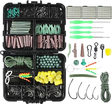 275-Piece Boxed Carp Fishing Tackle Kit Includes Stop Beads swivels Quick-Release Clips baiting Needles and carp Hooks for Making pre-Tied carp rigs Essential Terminal Fishing Accessories