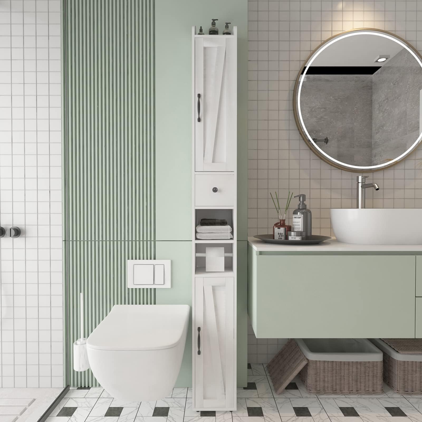 Tall Bathroom Storage Cabinet with Adjustable Shelves, Narrow Storage Cabinet with 2 Doors, Drawer, Toilet Paper Holder, Slim Storage Cabinet for Small Space, Kitchen, Laundry, Entryway, White