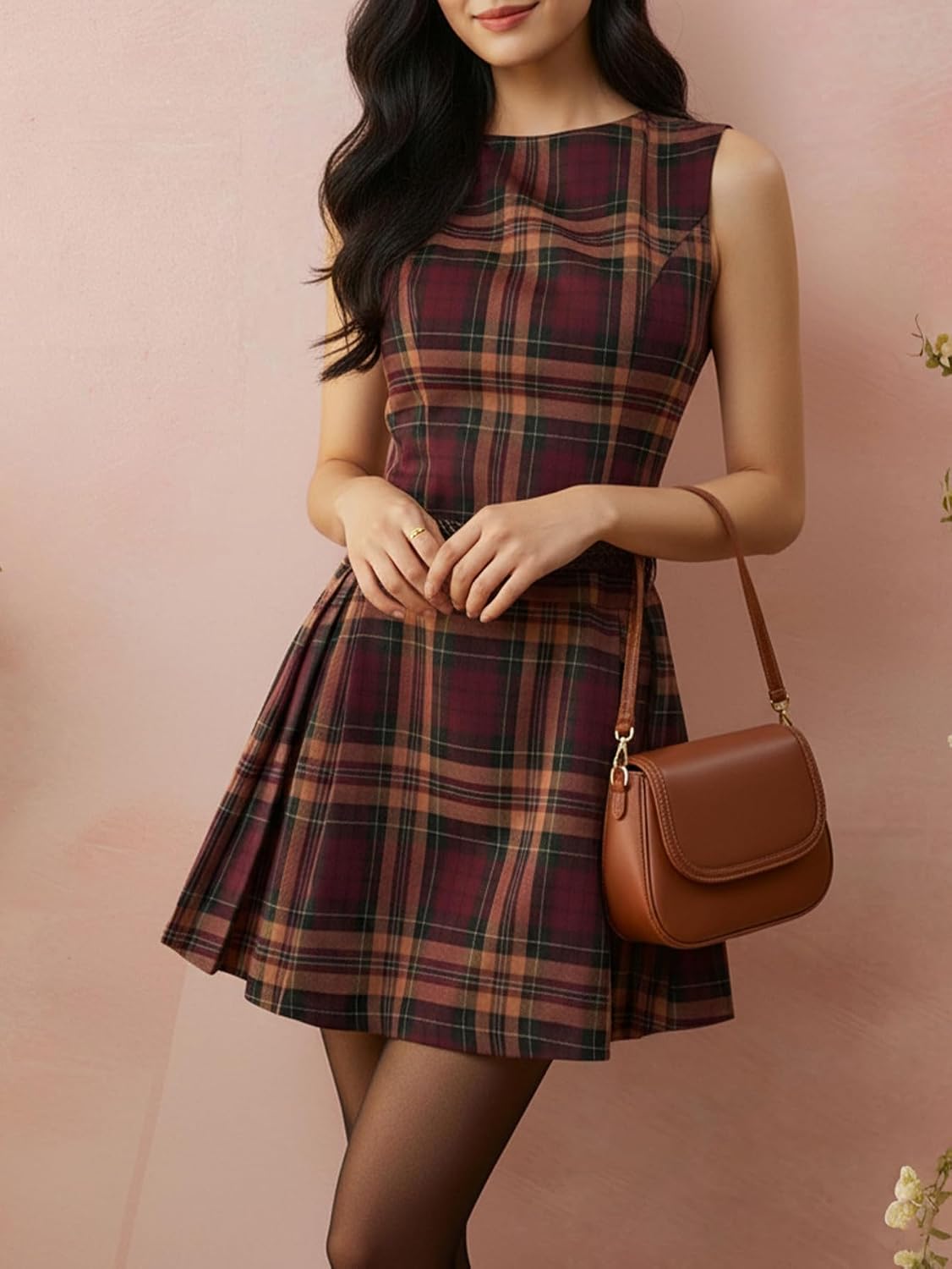 SHENHE Women's Plaid Dress Pleated A Line Sleeveless Elegant Flared Business Work Short Dress