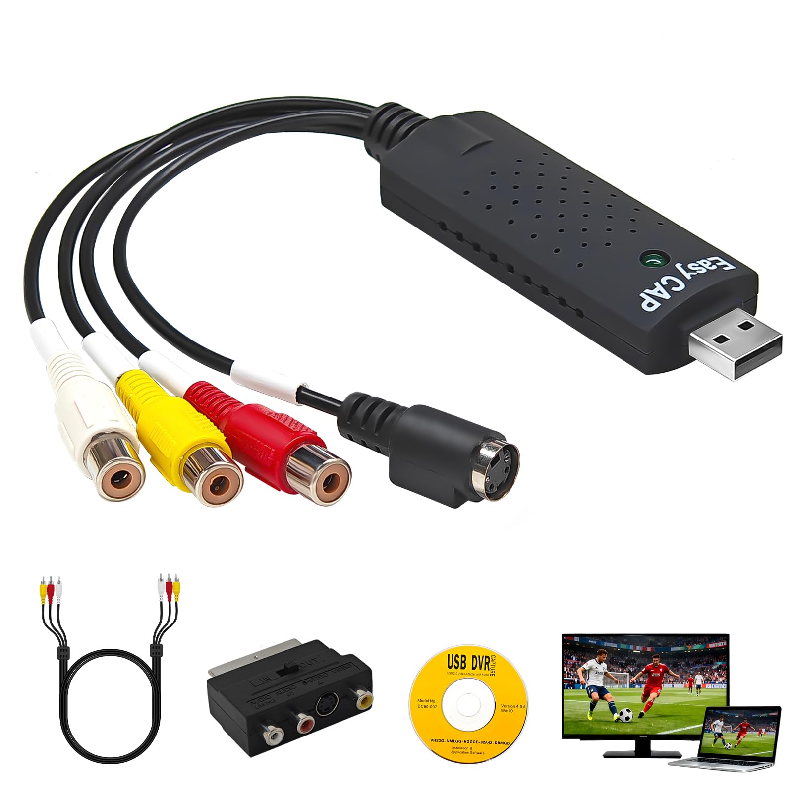 Convertitore da VHS a Digitale, Convertitore di Grabber Video, Scheda Acquisizione Video RCA a USB 2.0, Compatibile Windows 10/7/8 MacOS, Digitalizza VCR DVD VHS Hi8 per Archiviazione MP4/AVI