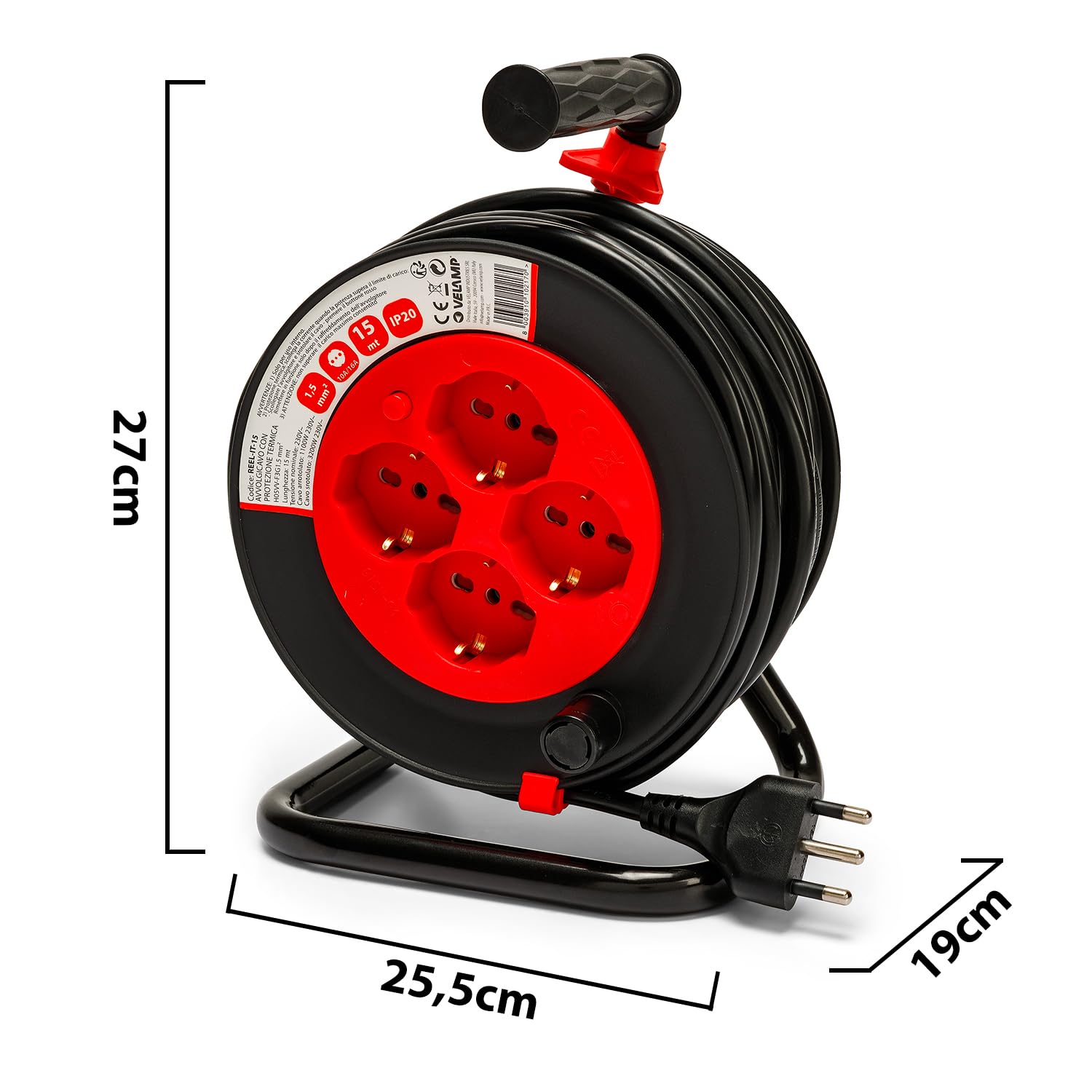 VELAMP REEL-IT-15 Rallonge électrique avec enrouleur de câble 4 prises polyvalentes (Schuko + 10/16 A) + Grande fiche 16 A, avec protection, section câble 3G1,5 mm², noir/rouge, 15 mètres
