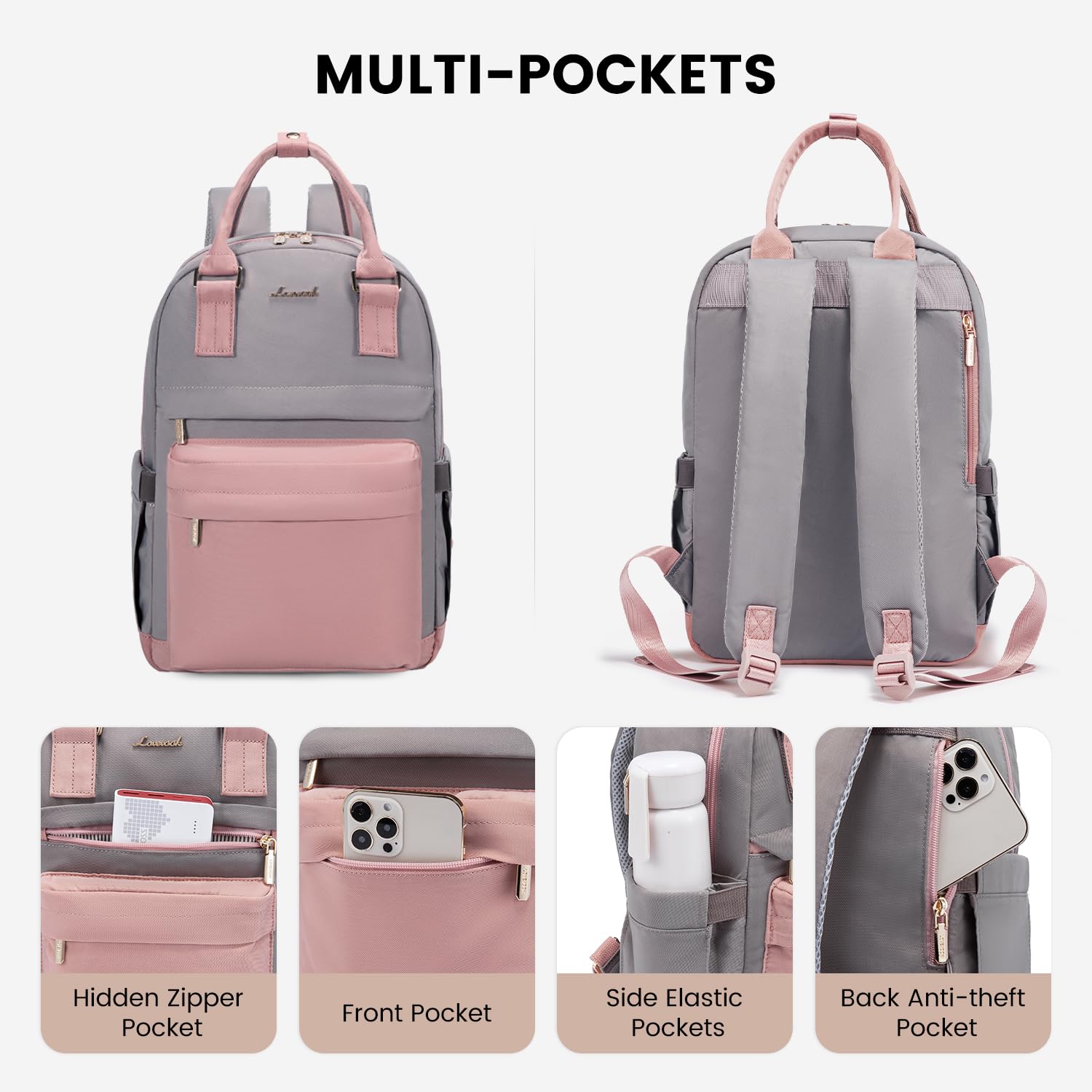Mini mochila para mujeres y niñas, elegante mochila impermeable con puerto USB, bonita mochila para la escuela, viajes, fiestas, Rosa & Gris, 14 pulg., Mochilas Daypack 3