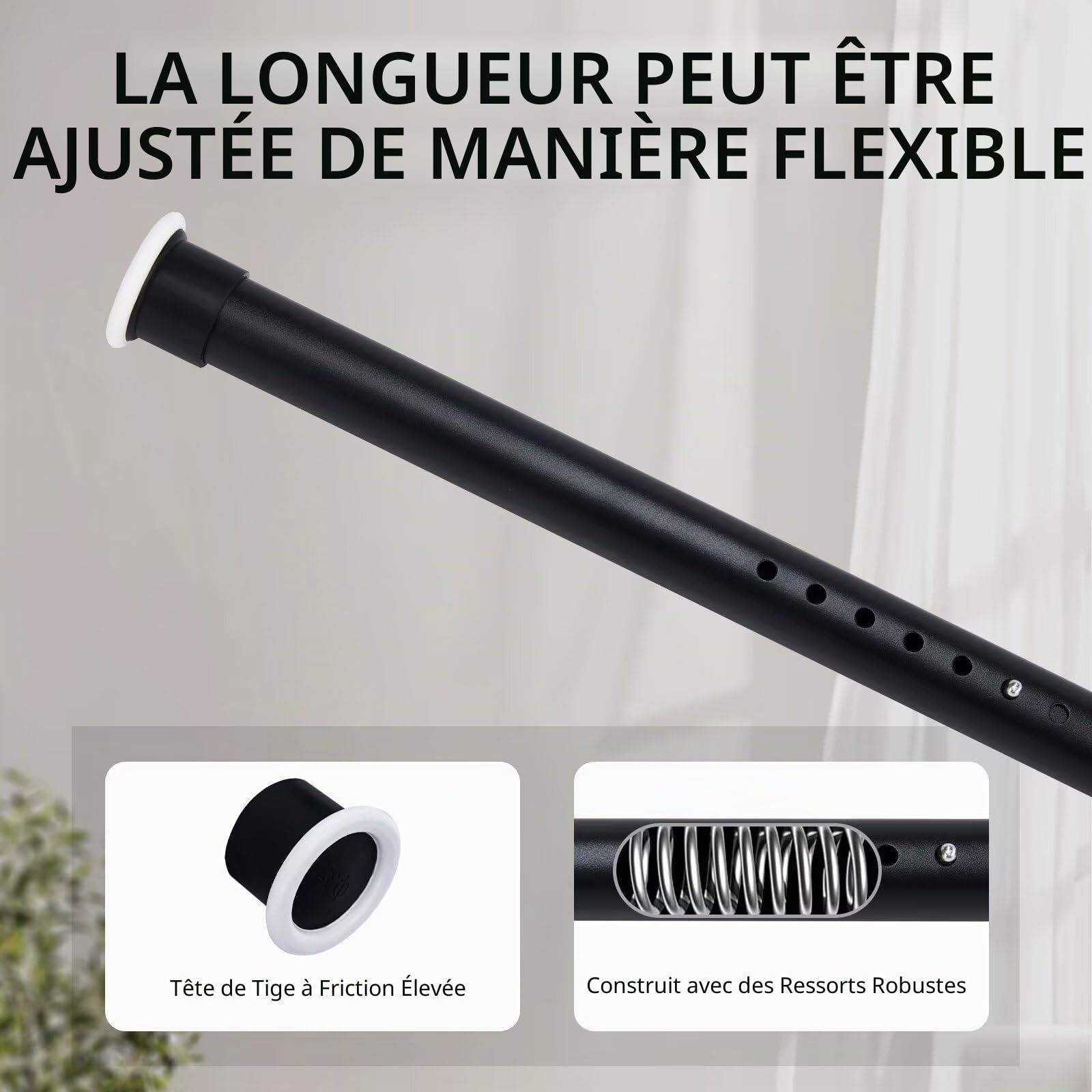 Joydeco Tringle de Rideau Douche Extensible sans Perçage 360cm-410cm, Barre Montage sans Vis en Acier Inoxydable, Diamètre 32mm, Tringle Multifonctionnel pour Salon Chambre Balcon - Noir