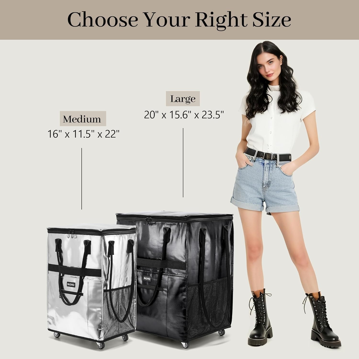 Reusable Grocery Bags on Wheels, RalChyez 67L Rolling Tote Grocery Bag with Handle and Zipper Cover Foldable Shopping Cart Trolley Laundry Basket Bag Silver Medium