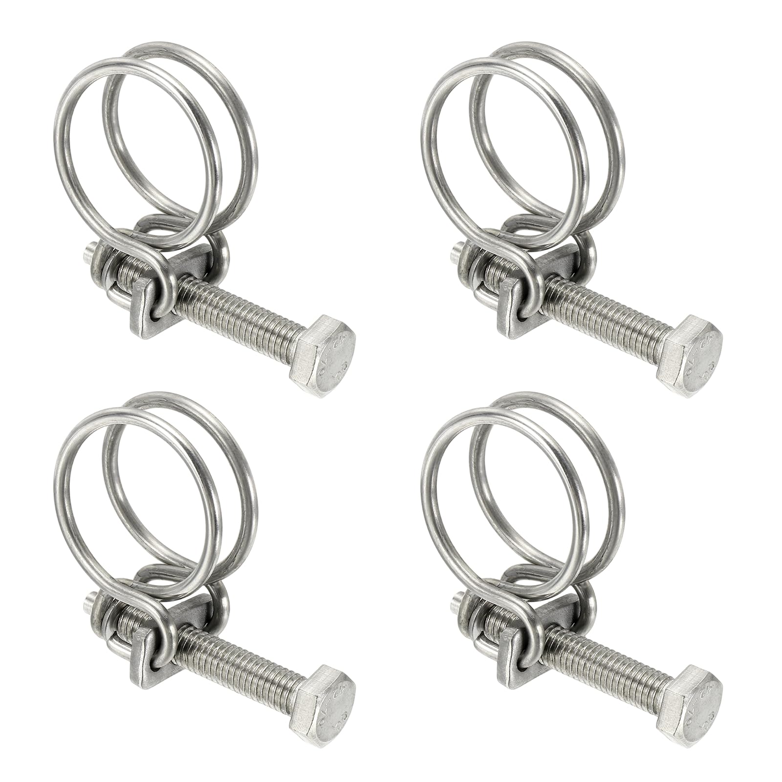 sourcing map 4 Pcs Double Wire Hose Clips 26-30 mm 304 Stainless Steel Adjustable Wire Pipe Tube Clamps with M8 Screw Plumbing Joint Fastener for Dust Collection Pool Pond, Silver