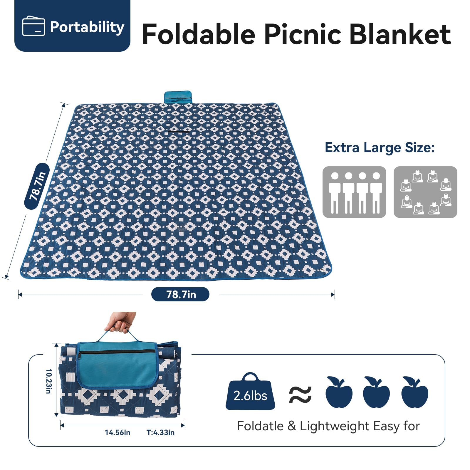 OESSUF Picknickdecke wasserdicht 200x200, extra große Picknickdecke XXL Stranddecke sandfrei tragbar maschinenwaschbar lagerbar faltbar für Camping und Wandern Blau