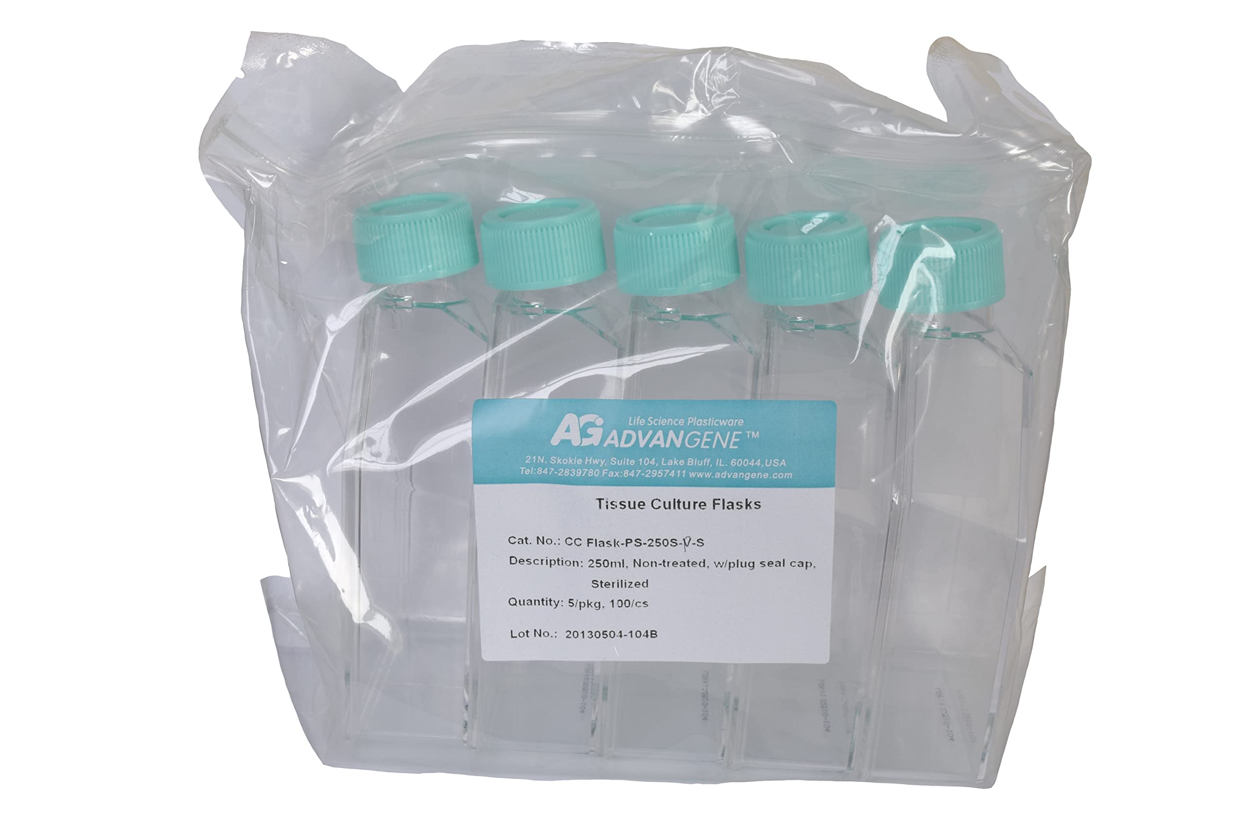 Petaca de poliestireno de 250 ml sin tratamiento (5 cajas de 5 frascos; 25 frascos en total)