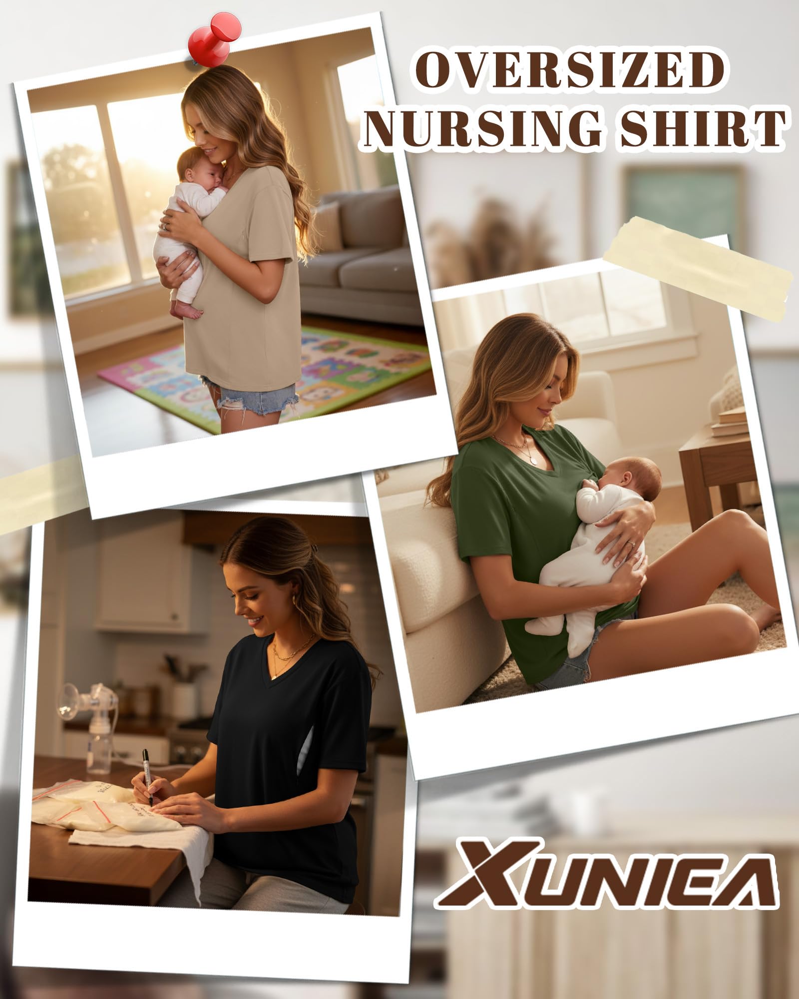 Xuniea Confezione da 3 Camicie da Allattamento Oversize da Donna per L'Allattamento al Seno con Cerniere Nascoste, vestibilità Ampia, Maniche Corte, Top Premaman