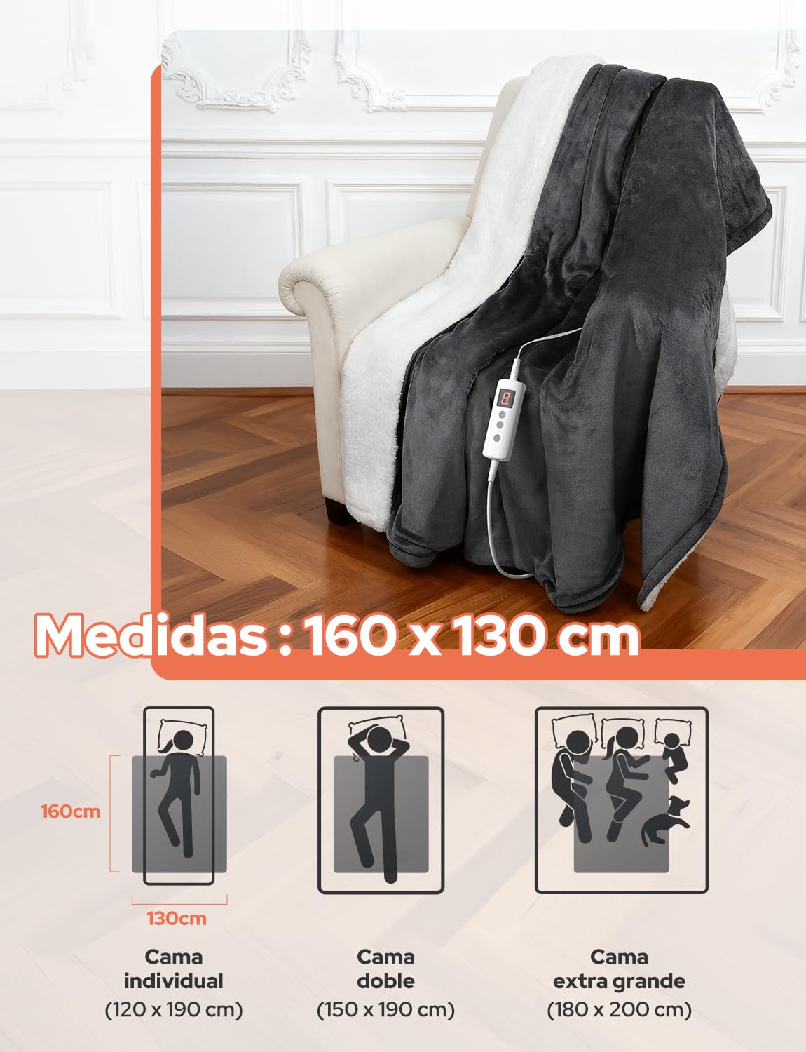 Manta Eléctrica 160x130cm Manta Calefactable 10 Temperaturas 9 Horas Configuraciones de Temporizador Calentamiento Rápido Lavable a Máquina Apagado Automático para Hogar Oficina Gris Oscuro