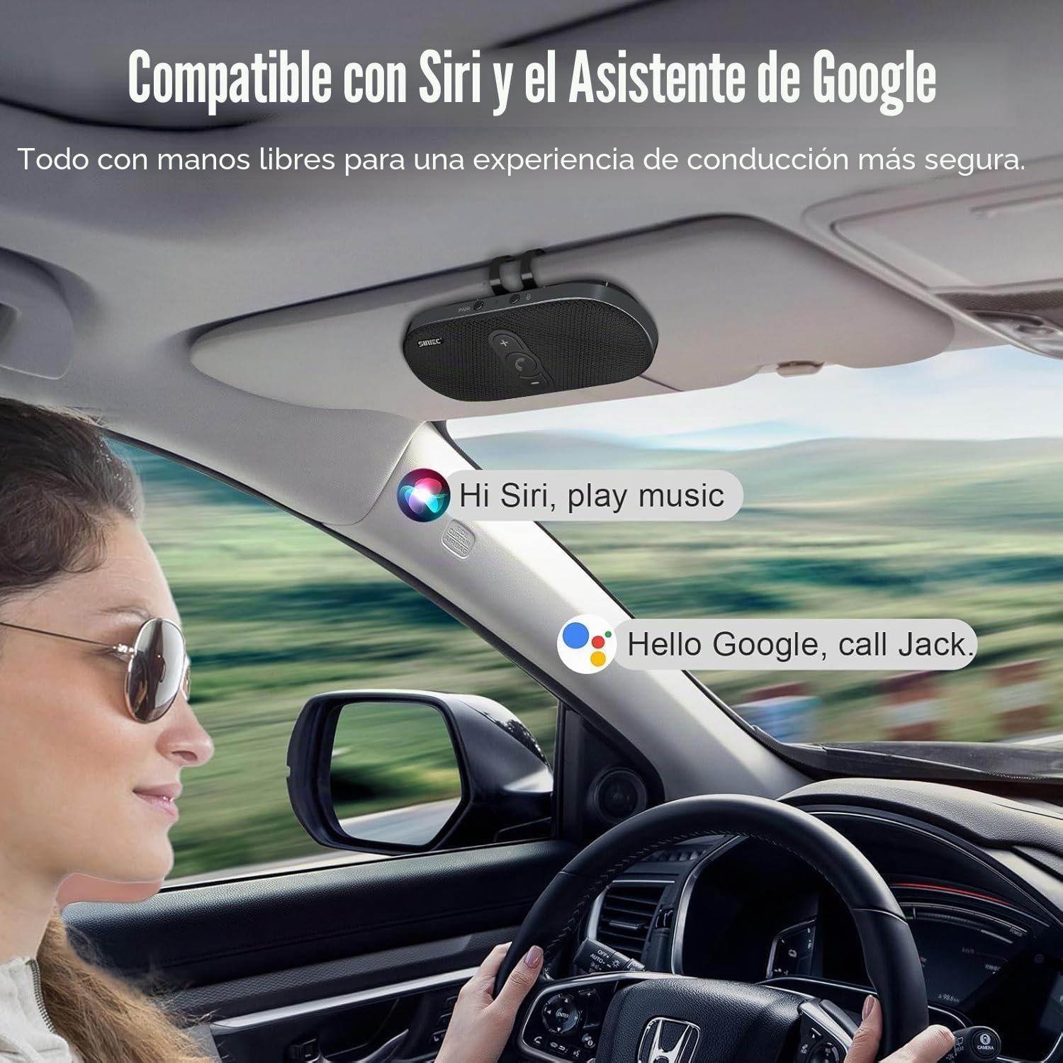 Kit Manos Libres Bluetooth para Coche, Altavoz Inalámbrico 6W Activación por Movimiento Automático Compatible con Siri y Google Assistant Conexión Simultánea de 2 Teléfonos Montaje en Visera, Negro