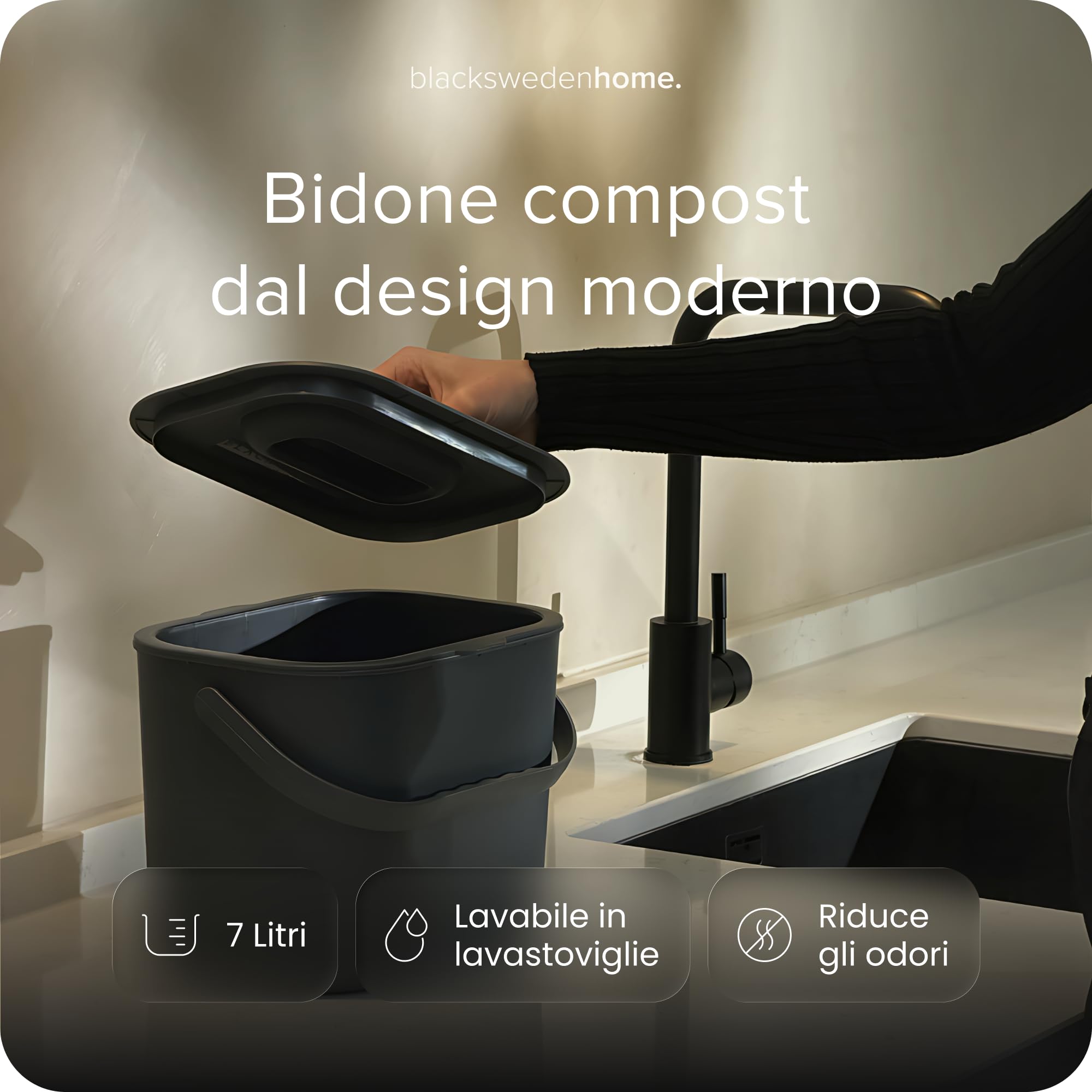 Black Sweden Home Bidone da Cucina Organico 7L per Compost- Secchio per Rifiuti Alimentari Inodore con Coperchio -Lavabile in Lavastoviglie & Ecologico- Organizer da Cucina per Uso Quotidiano | Grigio