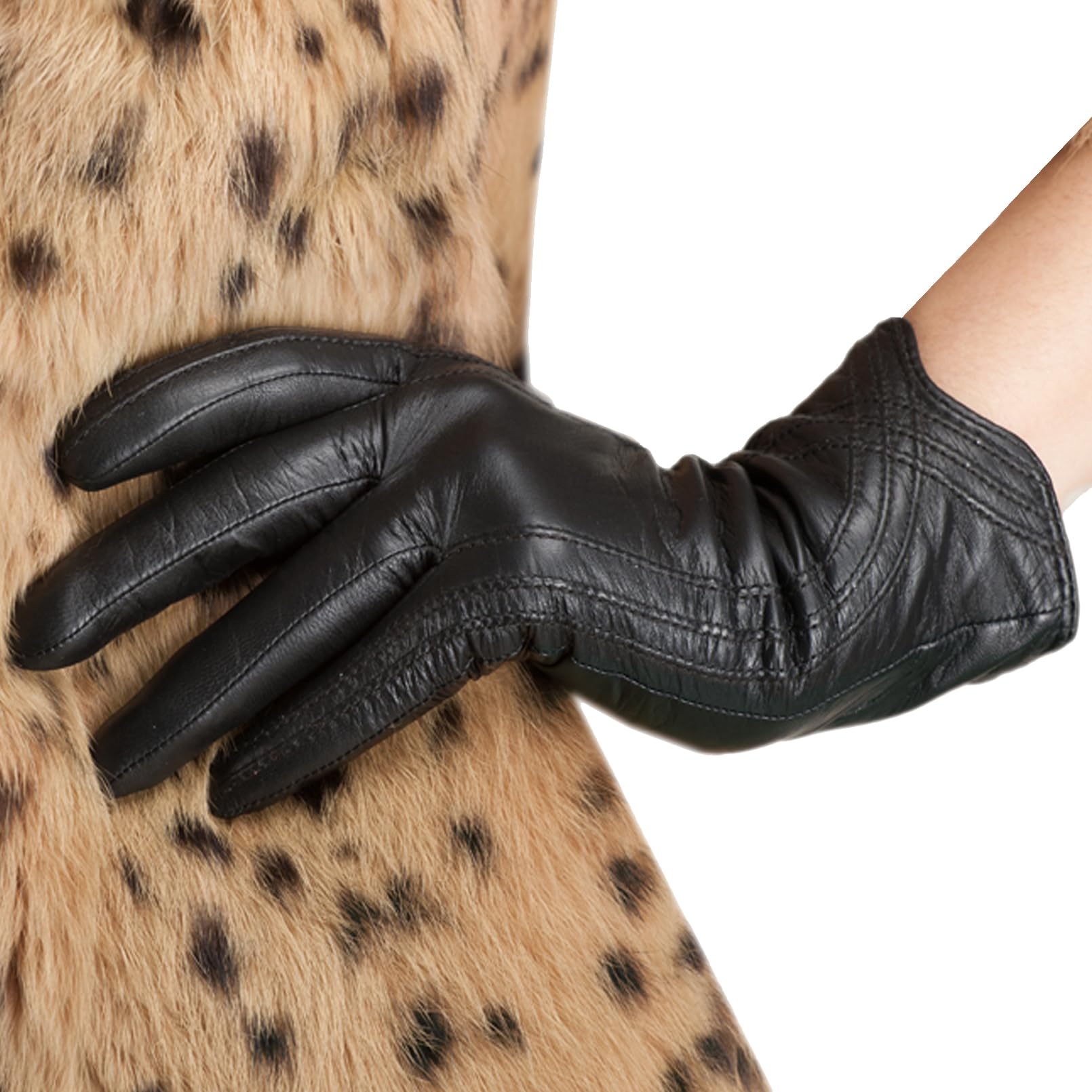 Nappaglo Nappa Leather Gloves Warm Handmade Curve Lambskin for Women - black - Large
