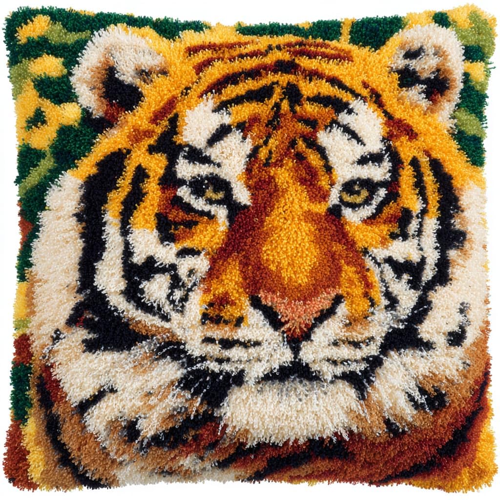 Taxpy DIY Latch Hook Kits, Animal Tiger Needlework Pillow Cover 43x43cm DIY Hooks Knitted Embroidered Carpet Pillow Embroidery Latch Hook Carpet Kit