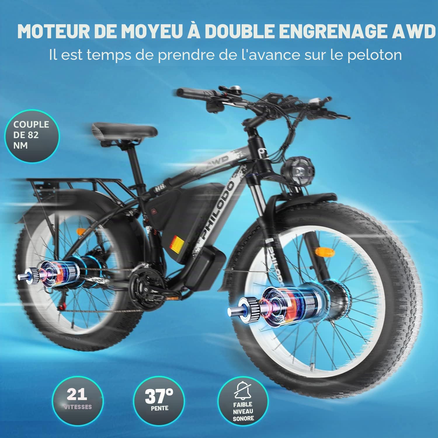 Vélo électrique pour Adultes, 26 * 4 inch Fat Tire 48V 17.5Ah Batterie Amovible autonomie 50KM-70KM vélos électriques, 21 Vitesses, Suspension Avant, Frein à Disque hydraulique