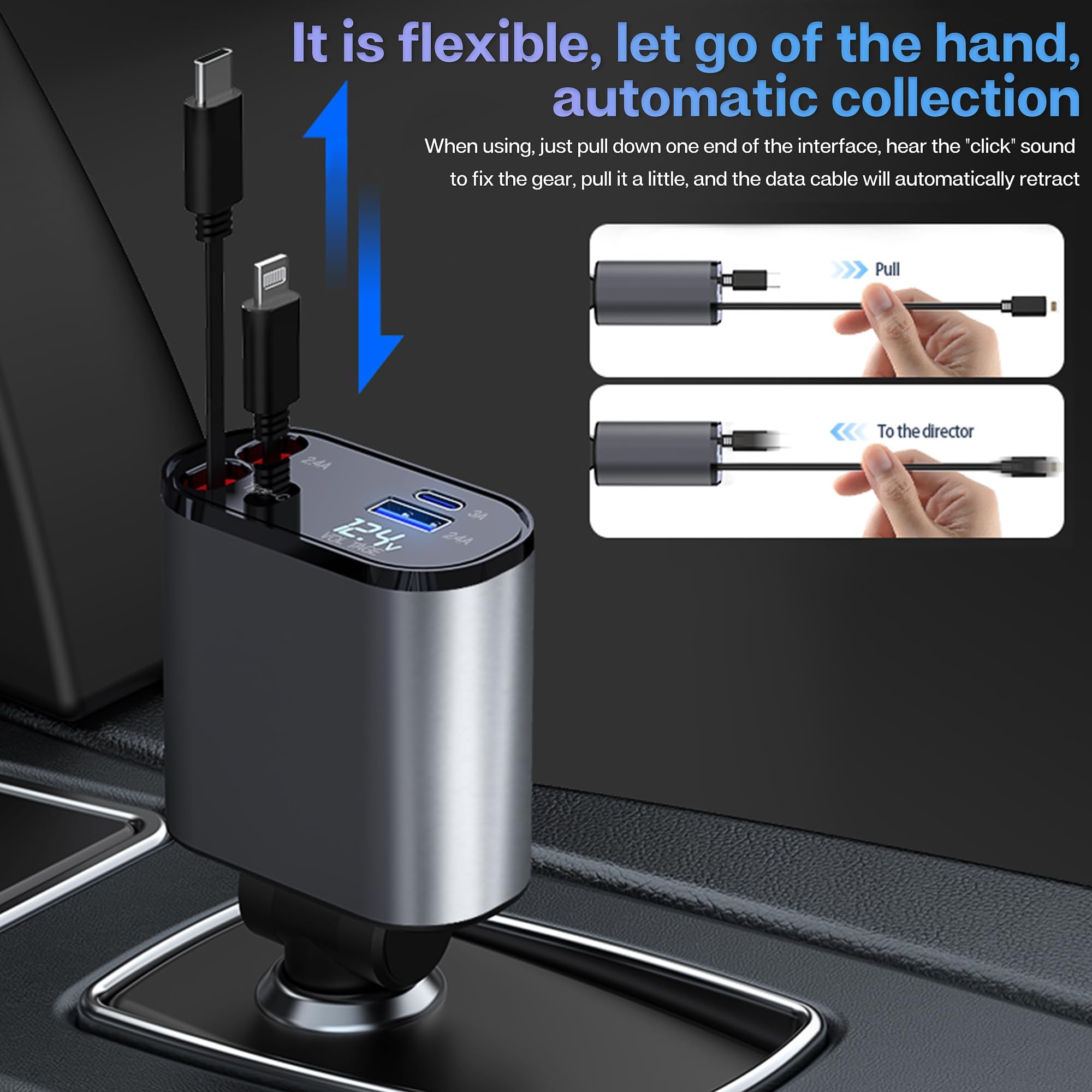 Retractable Car Charger with 100W Fast Car Charger 4 in 1 for iPhone and Type C, Retractable Cables (80cm) and 2 Charging Ports, Compatible with iPhone 15/14/13/12 Pro Max XR