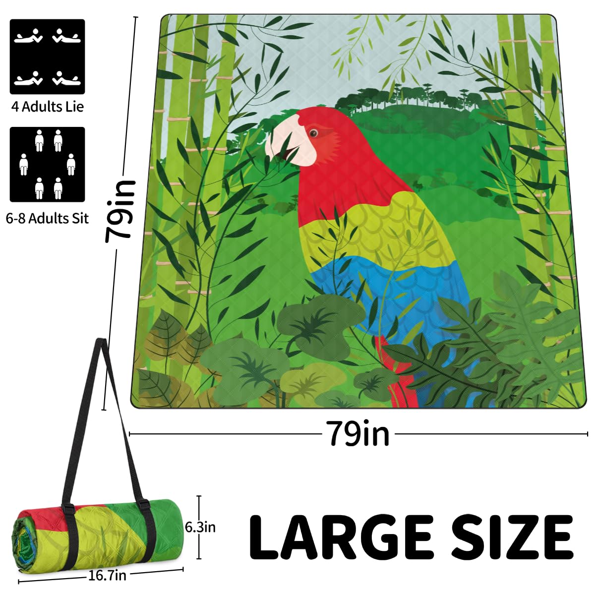 Shimoshe Extra Large Picnic Blankets 79”x 79”, Parrot Waterproof Foldable Picnic Mat with Straps Portable Beach Blanket for Camping Park Grass Beach Indoor