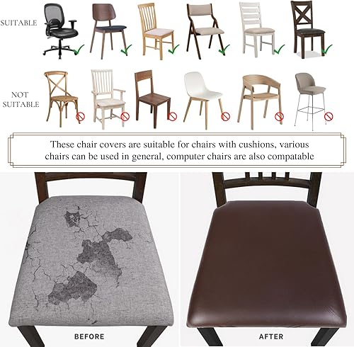Miniatura 7 de SearchI Fundas de asiento impermeables para sillas de comedor, paquete de 6 fundas elásticas de cuero sintético para sillas de comedor, fundas de