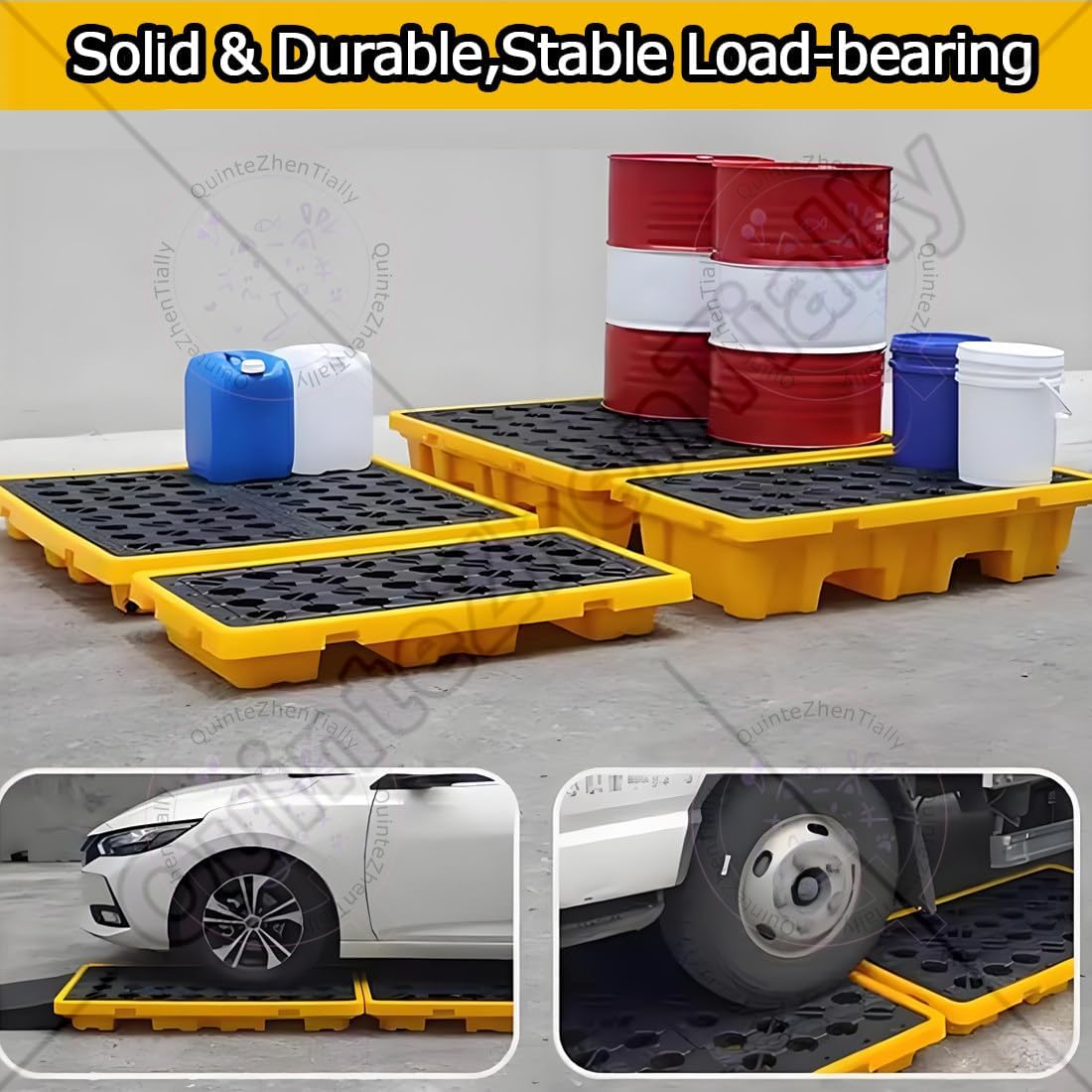 Modular Anti-Skid Pallets,Leak-Proof Plastic Tray,Spill Platform with Drain Outlet,Polyethylene,Large Capacity,Non-Slip,Stack,for Oil Drums & IBC Tanks 335x335x55mm