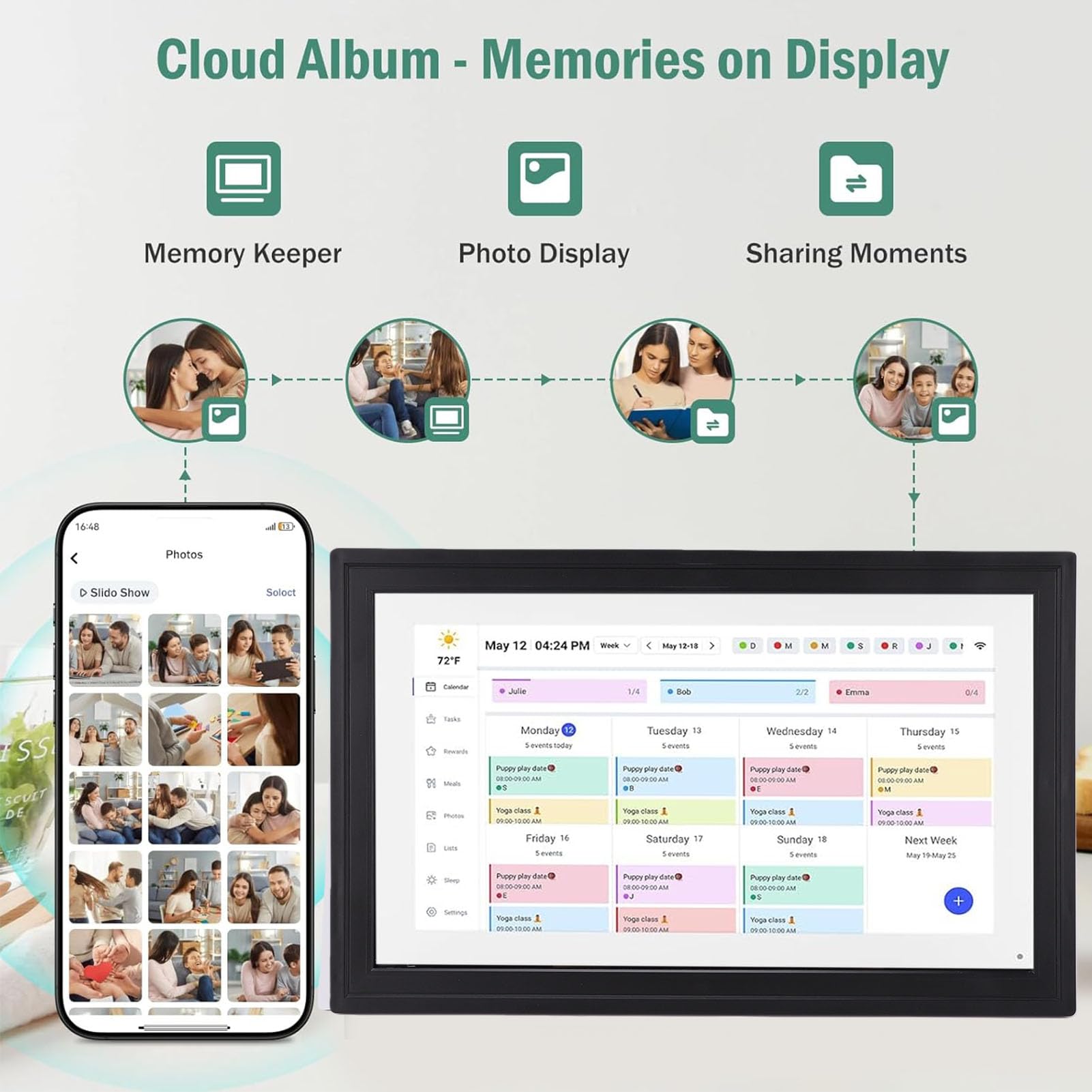 Sxhlseller 21,5-Zoll-Smart-Touchscreen-Digitalkalender, WLAN-Wandmontierbarer Familienplaner mit Interaktiver Aufgabentabelle und App-Steuerung, für Cozi Yahoo Sync (EU-Stecker)