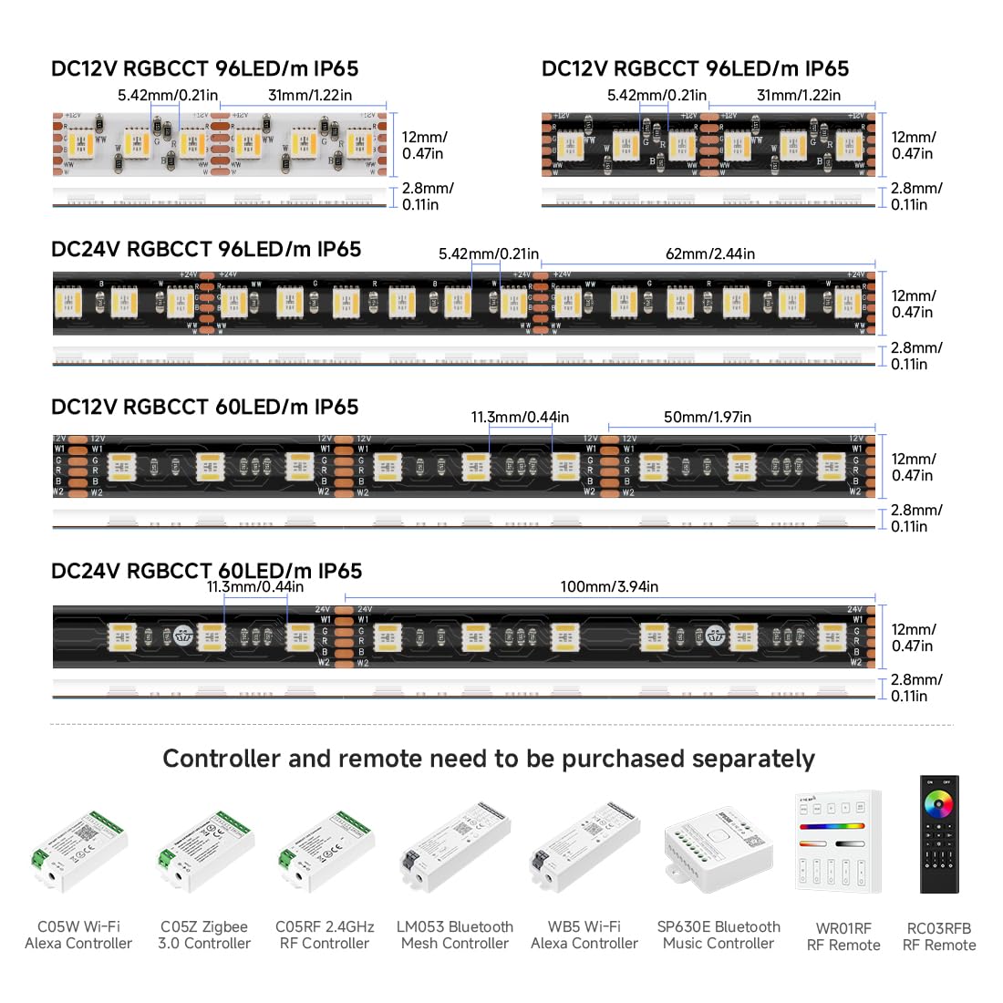 SEZO 5050 RGBCCT Ruban LED 5 en 1 RGB+ Blanc Chaud 3000K-6000K 12V 5M 96LEDs/m IP65 étanche RGBW RGBWW Bande LED ultra-lumineuse pour l'éclairage de la Maison et de la Chambre à Coucher(Blanc)