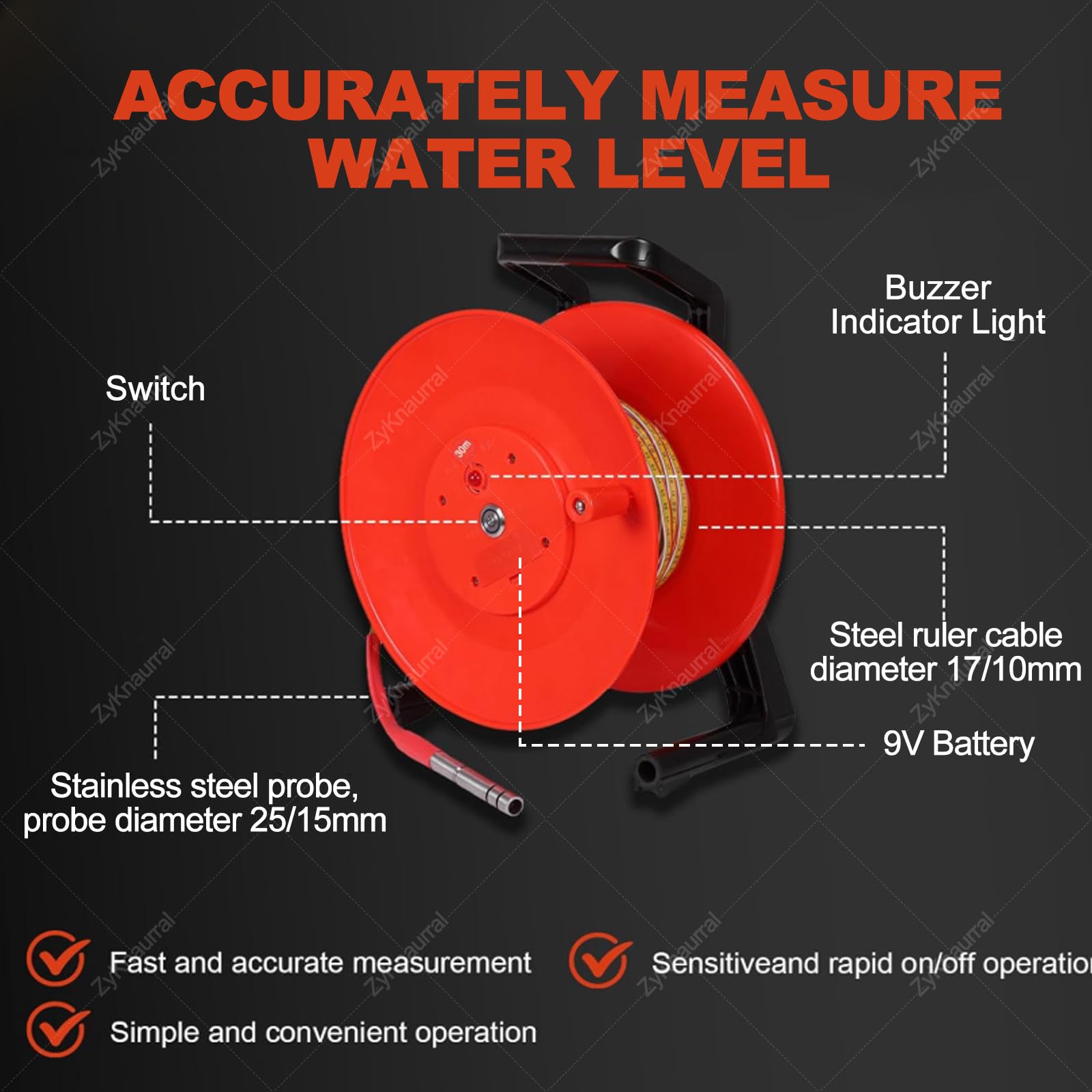 Sensor de nivel de agua portátil, medidor de nivel de agua de pozo profundo con sonda de acero inoxidable y cinta métrica de acero, herramientas para medición de pozos y reparación de pozos de agua