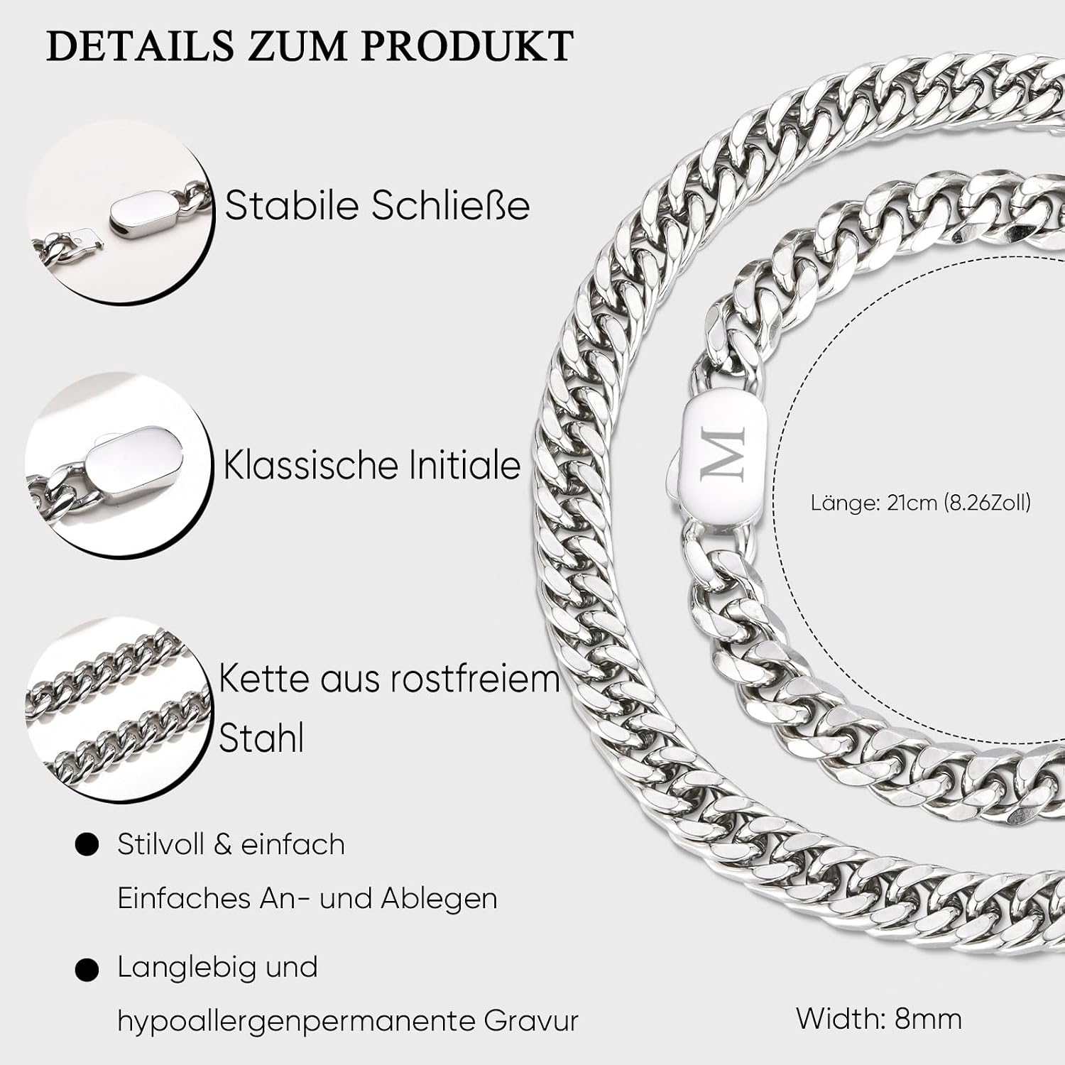XUANPAI Initial Bracelets for Men, A-Z Letter Bracelet, Silver Men's Bracelet with Initial, Stainless Steel Stylish Non Tarnish Cuban Link Bracelet for Men, Jewellery Gifts, 21 cm image 3