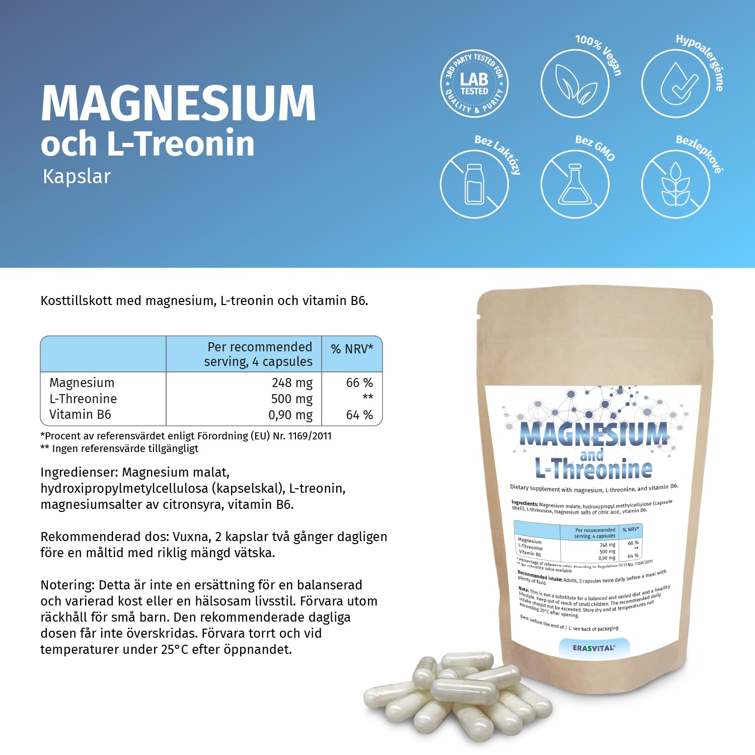 Magnesio L-Treonina 720 cápsulas Suministro para 1 mes: contribuye a la producción de energía a nivel celular y favorece la función muscular y nerviosa Vegan