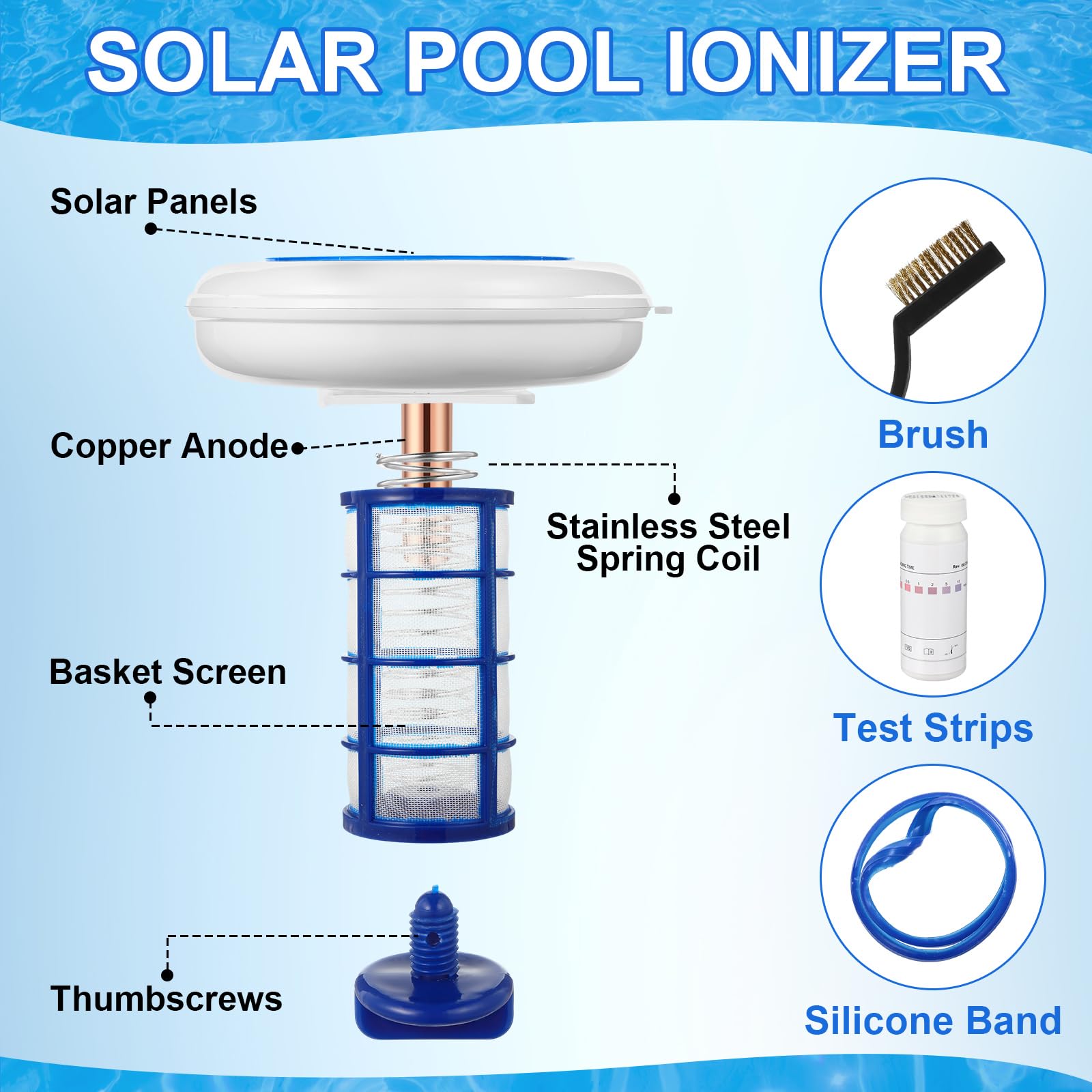 Qualirey 1 juego de ionizador de piscina solar flotante limpiador y purificador de agua, mata algas en la piscina, 85% menos de cloro, con 4 piezas de bola eliminadora para piscinas y spas de agua