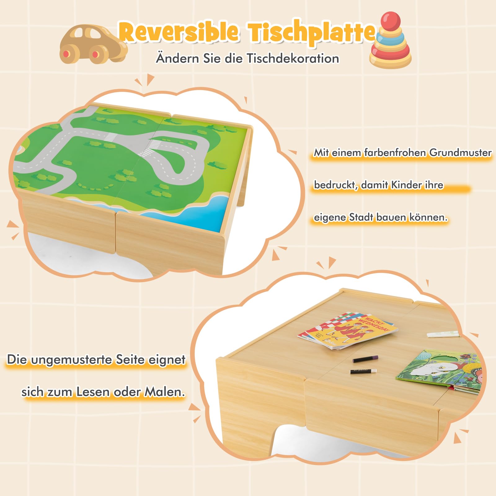 GOPLUS Spieltisch mit 84 Spielzeugteile, Kinder Eisenbahn Set mit Schublade & Umkehrbare Arbeitsfläche, Kinderaktivitätstisch zum Spielen, Bauen & Basteln für Kinder ab 3 Jahren