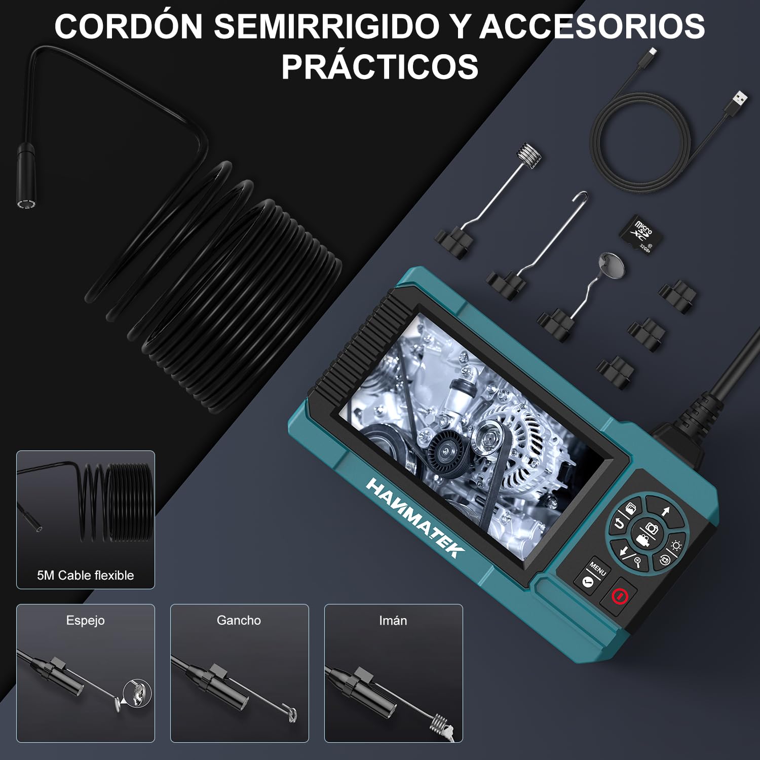 HANMATEK - Endoscopio industrial de 1080P, pantalla TFT de 4.3 pulgadas, cable flexible de 16.5 pies, cámara de 8 mm con luces LED ajustables, 1 millón de píxeles, grabación de foto/video, carga USB-C