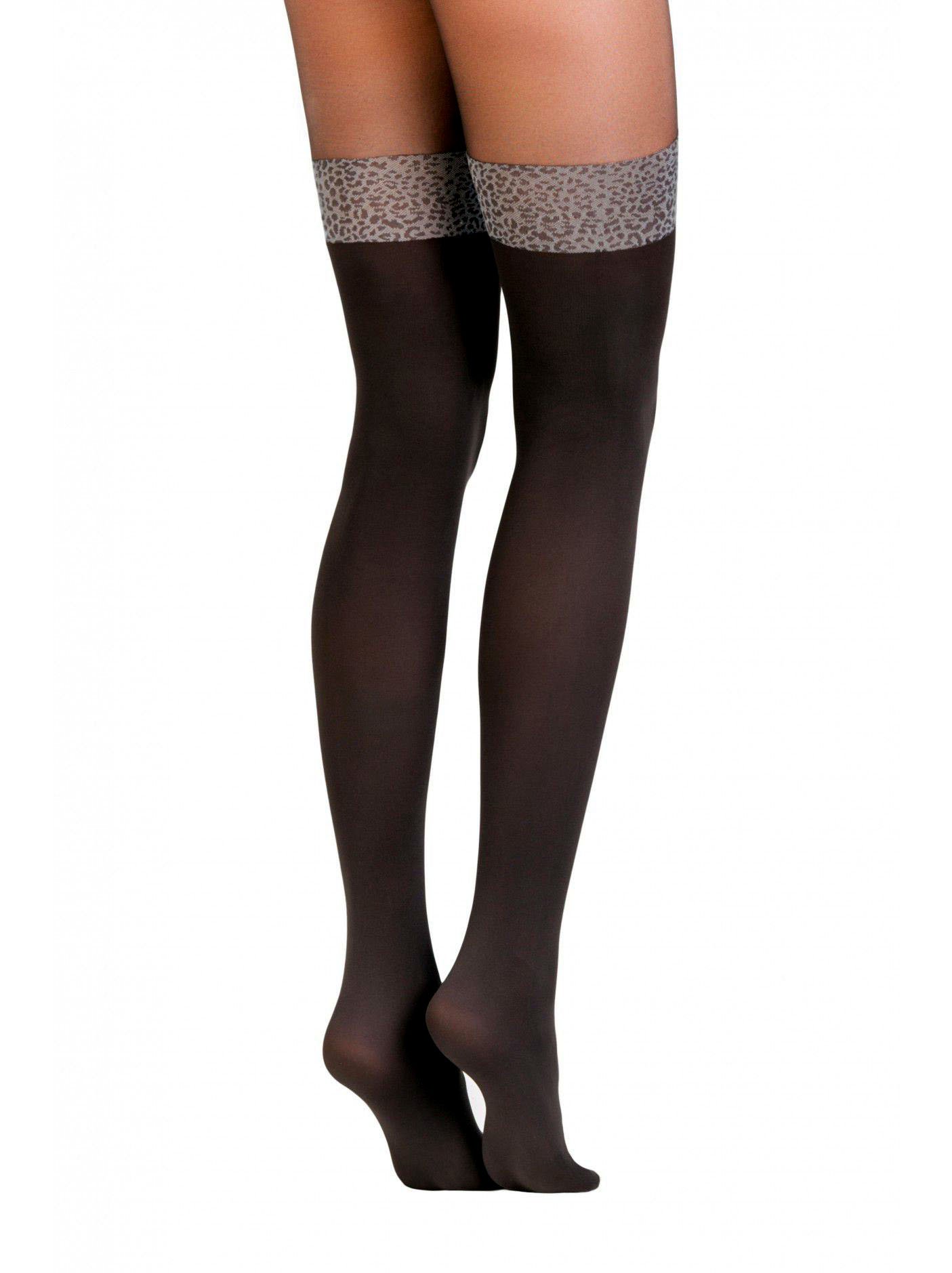Conte Women's Black Opaque Pantyhose Tights Imitating Thigh High Stockings with Leopard Band - Carmine