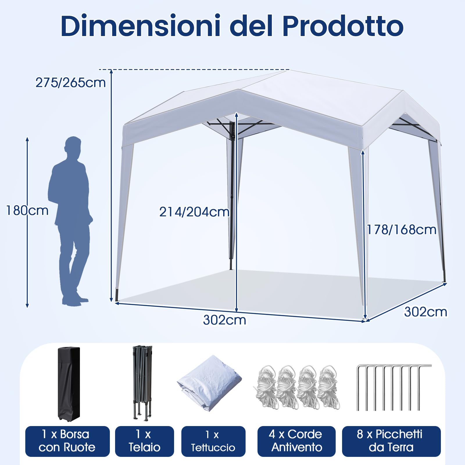 COSTWAY Gazebo Pop-up 302 x 302 cm Impermeabile con Ruote